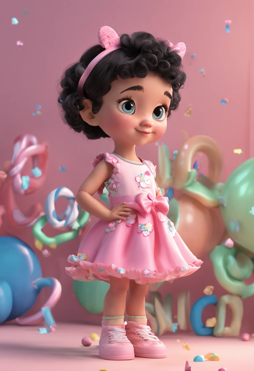 cute, disney, a girl, light skin, black eyes, short black curly hair, yellow pink and blue pastel color party dress with candy designs, white sneakers, portrait, 3D rendering, high quality, ( plain background), (perfect hands), (full body), female, 8k