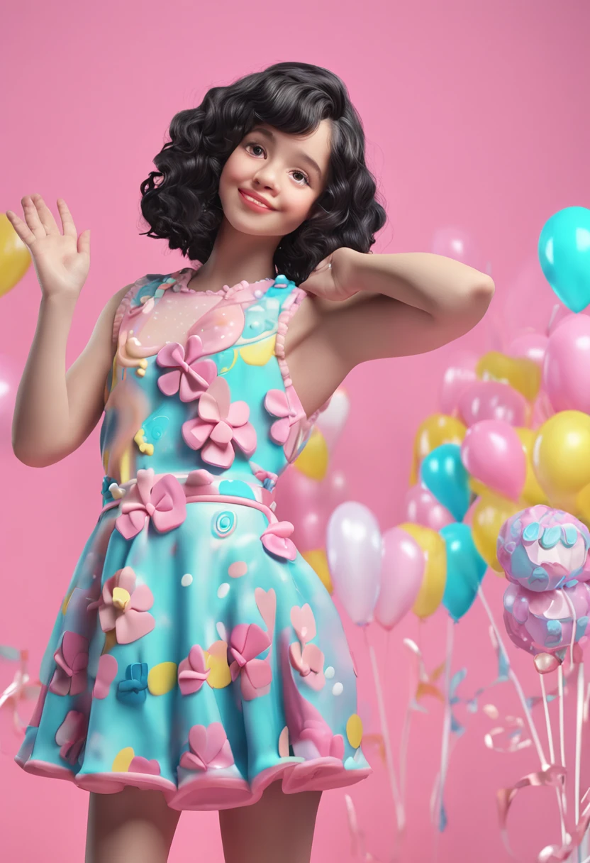 cute, disney, a girl, light skin, black eyes, short black curly hair, yellow pink and blue pastel color party dress with candy designs, white sneakers, portrait, 3D rendering, high quality, ( plain background), (perfect hands), (full body), female, 8k