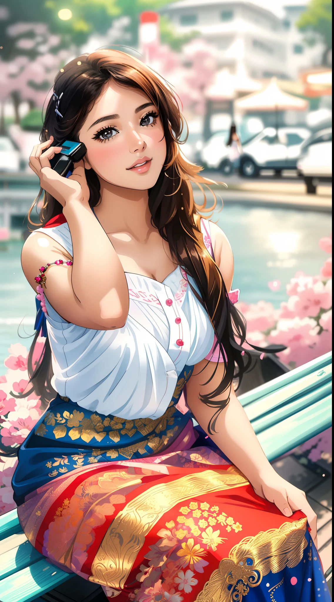 a close up of a woman sitting on a bench talking on a cell phone, cute beautiful, very beautiful girl, high quality image, nivanh chanthara, young and cute girl, beautiful pretty young, very pretty model, cute woman, beautiful cute, traditional art, lovely woman, with beautiful exotic, anime thai girl, beautiful image, attractive girl