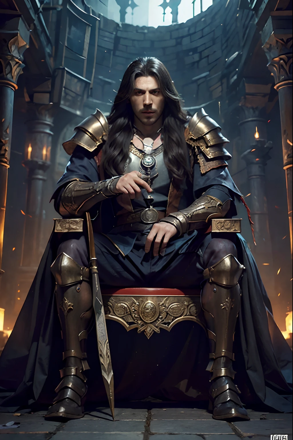 Castlevania Lord of the Shadows hyper realistic super detailed beautiful muscular Moroccan armor super realistic super detailed Armor glowing eyes sitting in his great Legendary throne