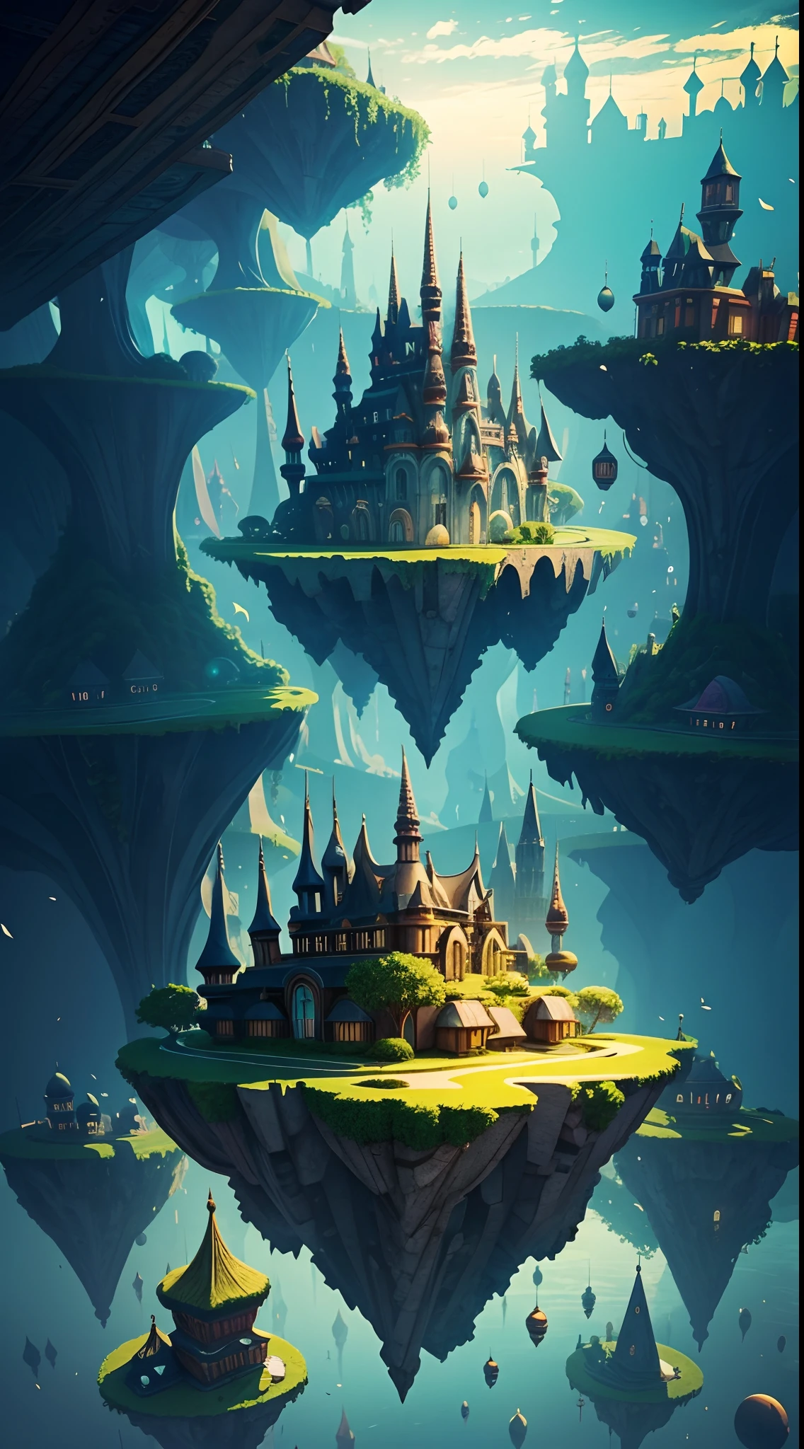 A surreal dreamscape with floating islands, upside-down buildings, and gravity-defying objects.