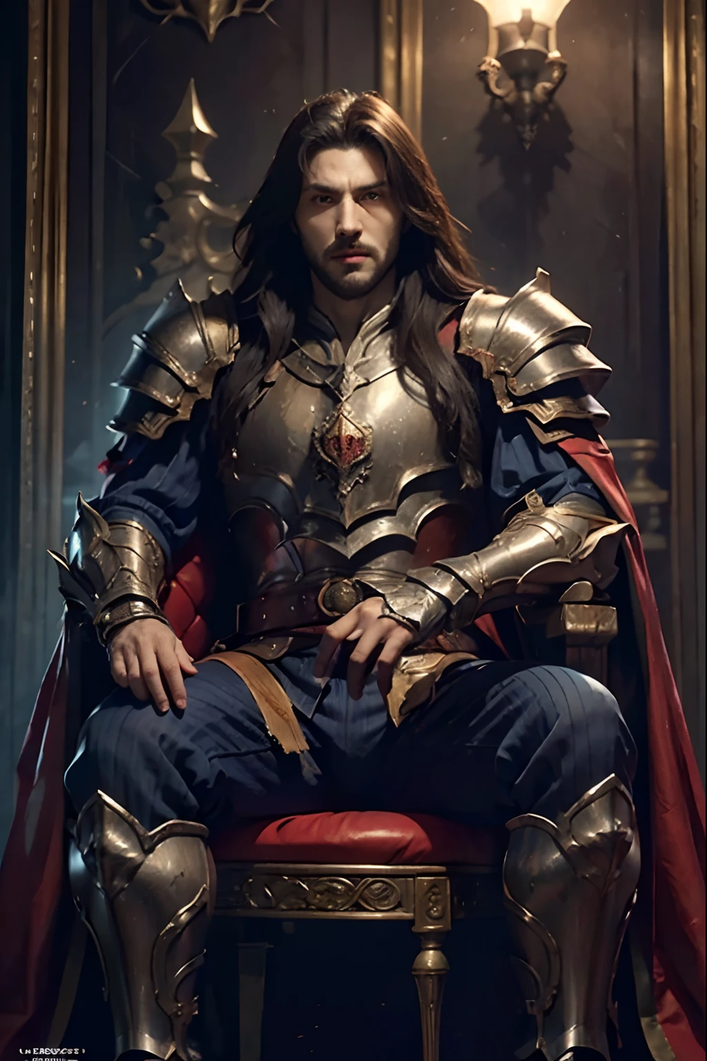 Castlevania Lord of the Shadows hyper realistic super detailed beautiful muscular Moroccan armor super realistic super detailed Armor glowing eyes sitting in his great Legendary throne