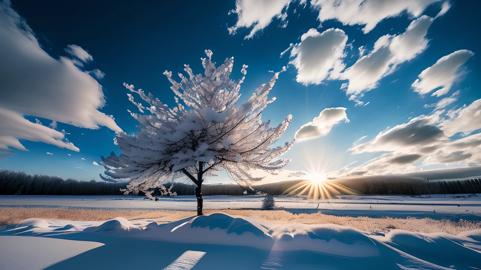 Snow field with bright sunlight shining through clouds, cherry tree growing in meadow, single tree, under soft shadow of tree, big cherry tree, big tree casting shadow, lonely tree, big tree, beautiful tree, rich tree, nature tree, mysterious tree, living tree, 8k, high resolution, breathtakingly beautiful
