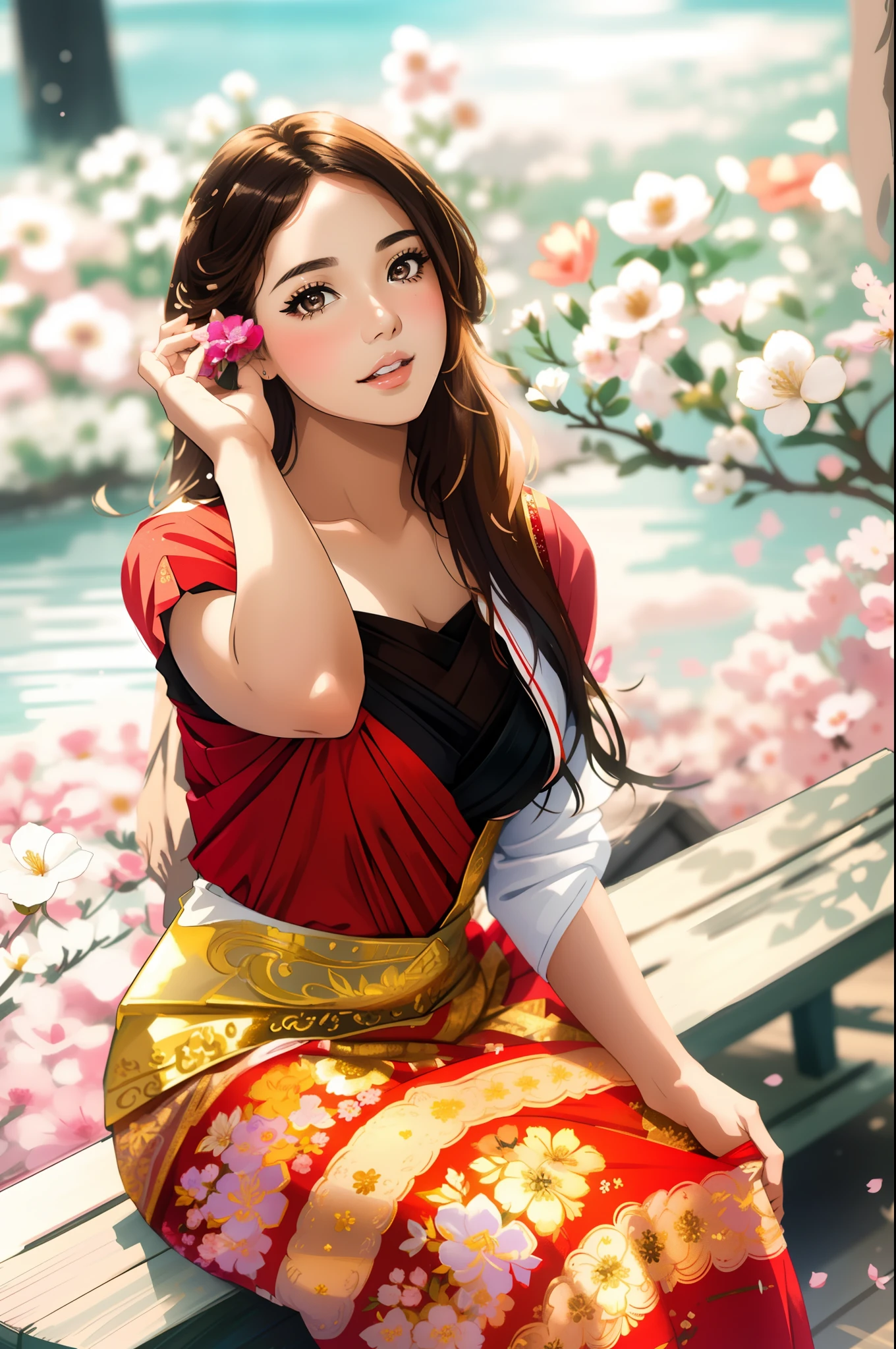 a close up of a woman sitting on a bench holding a flower, cute beautiful, very beautiful girl, high quality image, nivanh chanthara, young and cute girl, beautiful pretty young, very pretty model, cute woman, beautiful cute, traditional art, lovely woman, with beautiful exotic, anime thai girl, beautiful image, attractive girl