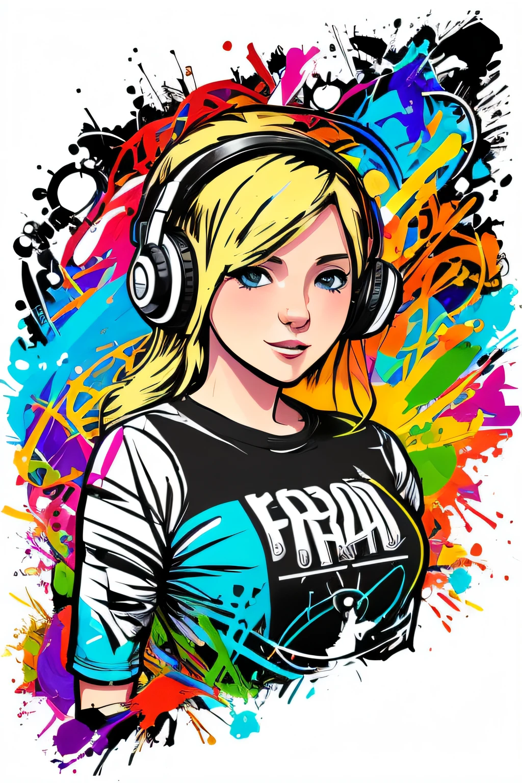 ready-to-print vector t-shirt art colorful graffiti illustration of a 25 year old young woman, blonde hair, with headphones, Casual clothing, intricately detailed, streampunk style, shirt art, action shot, 3d illustration, Adobe illustration, centered artwork, scratch paint design, planet splatters, white background -- v 4 -