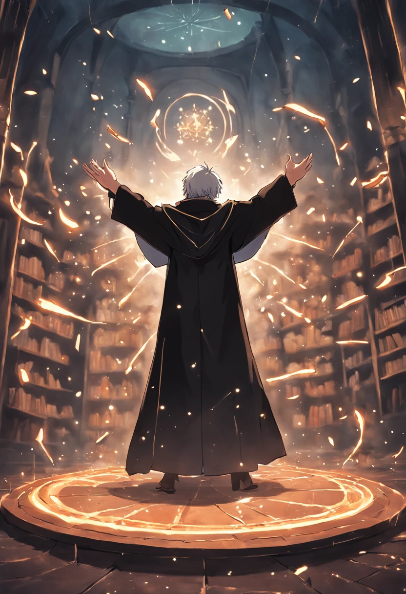 An elderly black-robed magician raised his hands, A circle of magic books was scattered on the ground, Magic books and candles are placed around, Seven mirrors at different angles directly above, Gloomy picture, visions, Depth of field, god light, filmgrain, Optical illusion, Vignetting, Renaissance, Pre-Raphaelite Brotherhood, High details，Back Shadow