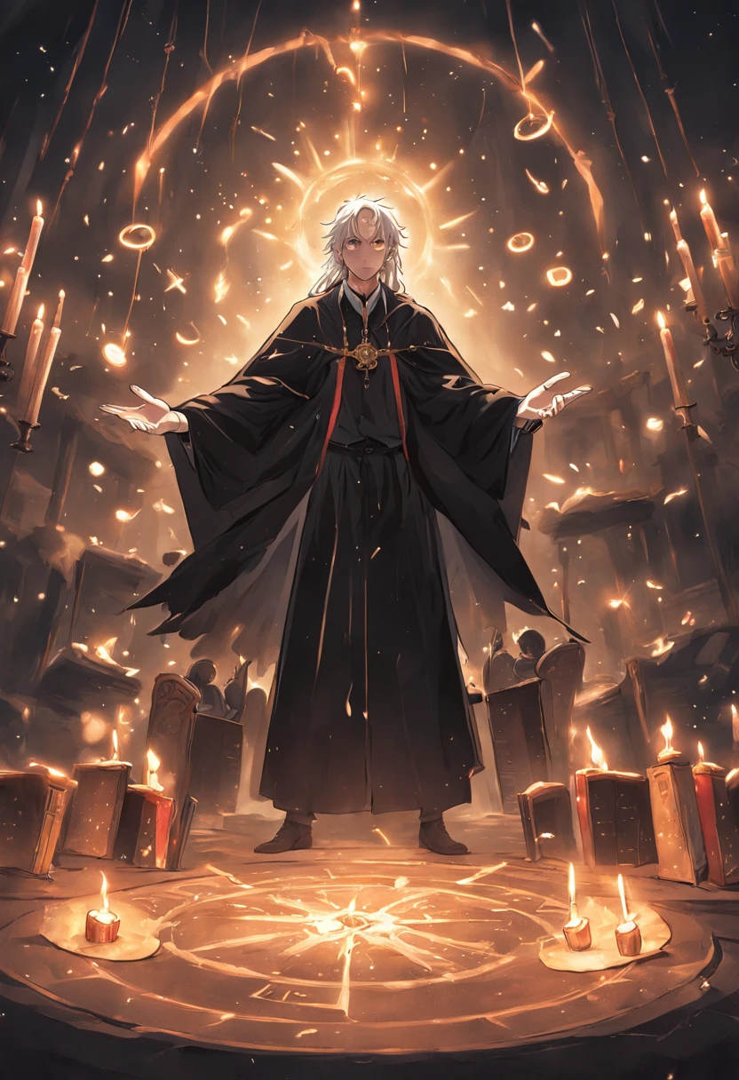 An elderly black-robed magician raised his hands, A circle of magic books was scattered on the ground, Magic books and candles are placed around, Seven mirrors at different angles directly above, Gloomy picture, visions, Depth of field, god light, filmgrain, Optical illusion, Vignetting, Renaissance, Pre-Raphaelite Brotherhood, High details,Back Shadow