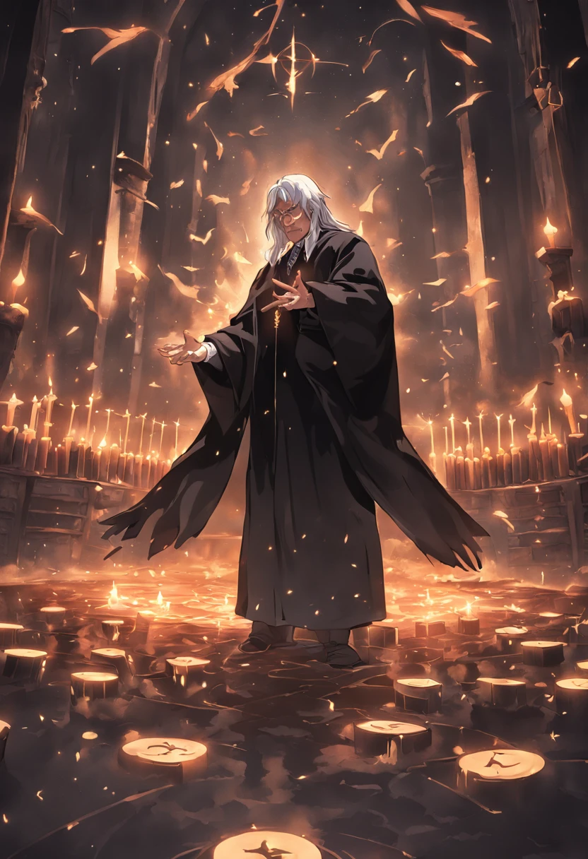 An elderly black-robed magician raised his hands, A circle of magic books was scattered on the ground, Magic books and candles are placed around, Seven mirrors at different angles directly above, Gloomy picture, visions, Depth of field, god light, filmgrain, Optical illusion, Vignetting, Renaissance, Pre-Raphaelite Brotherhood, High details,Back Shadow