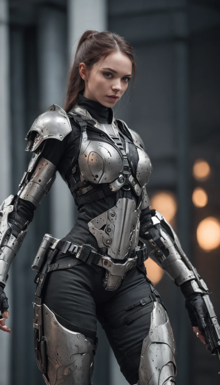 a beautiful cyborg warrior in style RustMagic, weitwinkel szene, obliquely from below, action, im Sprung, Backward-facing, Shooting with two futuristic handguns, Der Aufstieg von Cyberpunk, Cyberware, Cyborg, Kohlefaser, Chrom, Implantate, Totenkopf aus Metall, Cybernetic plate armor, (somber atmosphere:1.2), (diente & Rauch), (Dunkle Nacht:1.3), Narben, (zerzaustes, mittellanges, dunkles Haar:1.1), (Lidschatten:1.1), (Beautifully detailed brightness:1.2), (Filmische Beleuchtung), Komplizierte Details, High resolutions, Abgerundete Augen, detailed facial features, scharfer Fokus, GLATT, aesthetic, Detaillierter dunkler industrieller Fabrikhintergrund, Elegante Posen, Dynamische Pose, (Dramapaint)