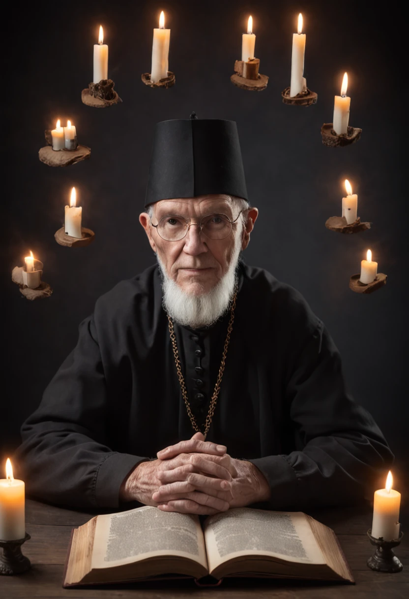 An elderly black-robed magician raised his hands, A circle of magic books was scattered on the ground, Magic books and candles are placed around, Seven mirrors at different angles directly above, Gloomy picture, visions, Depth of field, god light, filmgrain, Optical illusion, Vignetting, Renaissance, Pre-Raphaelite Brotherhood, High details,Back Shadow
