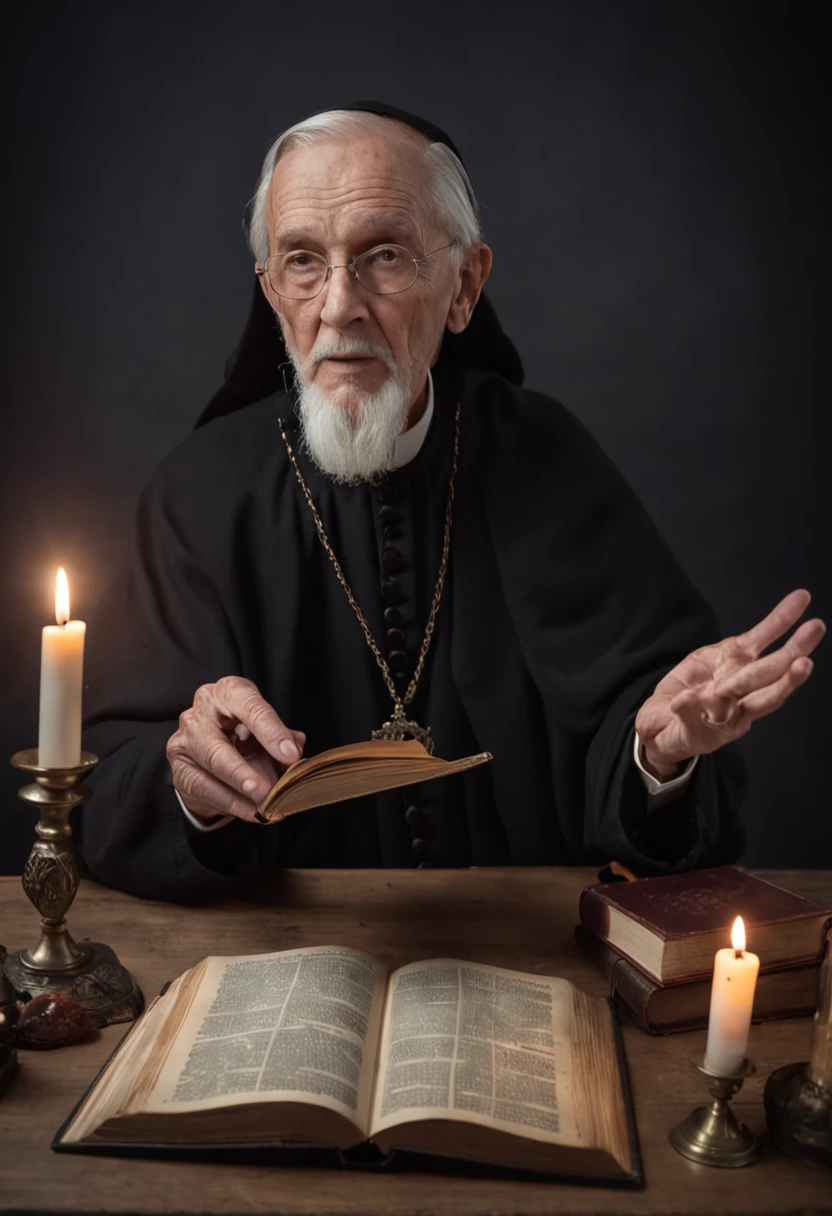 An elderly black-robed magician raised his hands, A circle of magic books was scattered on the ground, Magic books and candles are placed around, Seven mirrors at different angles directly above, Gloomy picture, visions, Depth of field, god light, filmgrain, Optical illusion, Vignetting, Renaissance, Pre-Raphaelite Brotherhood, High details,Back Shadow