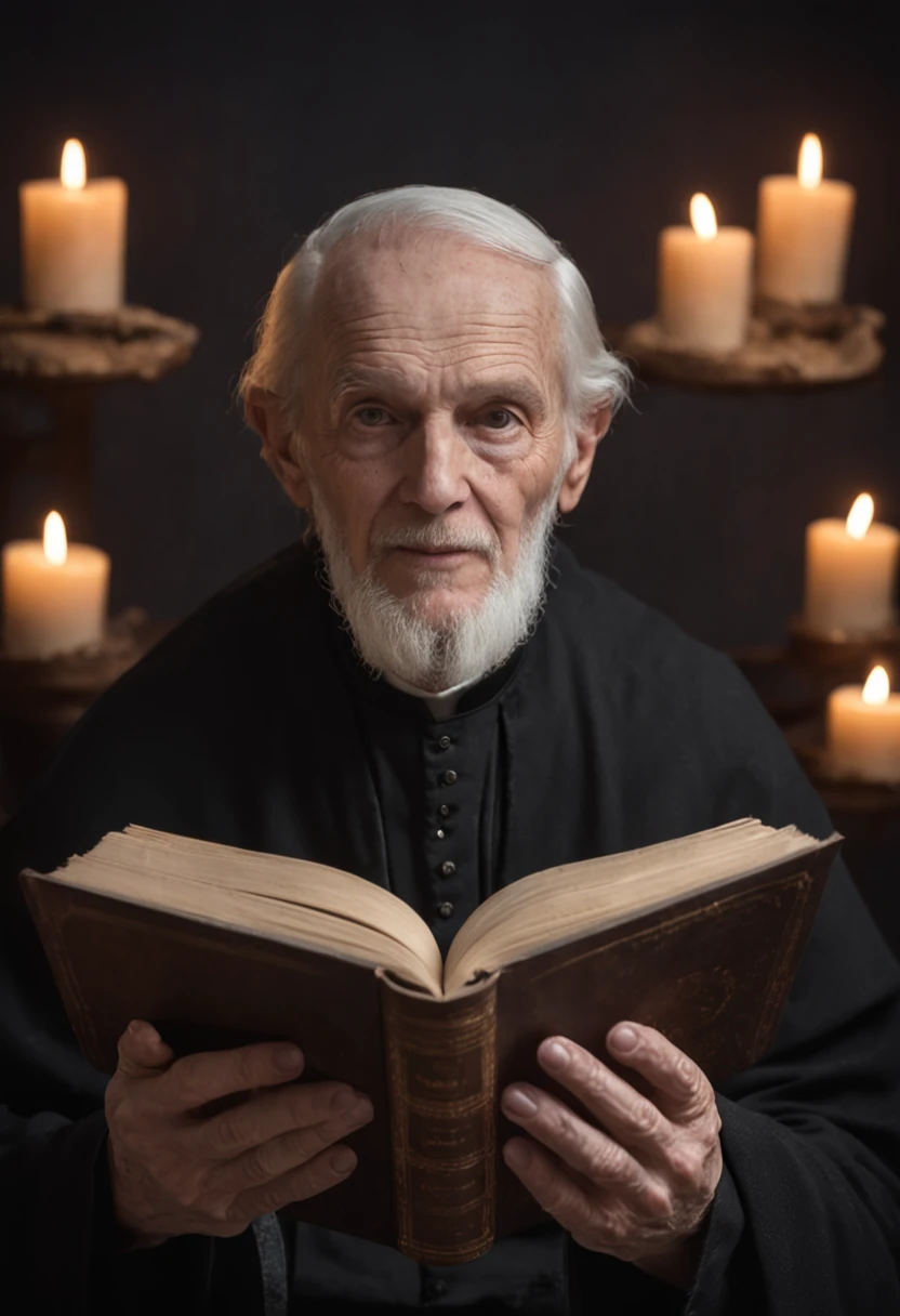 An elderly black-robed magician raised his hands, A circle of magic books was scattered on the ground, Magic books and candles are placed around, Seven mirrors at different angles directly above, Gloomy picture, visions, Depth of field, god light, filmgrain, Optical illusion, Vignetting, Renaissance, Pre-Raphaelite Brotherhood, High details,Back Shadow