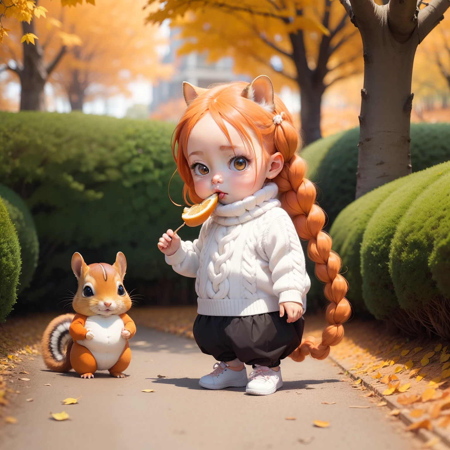 Cute Baby Chibi Anime,Orange braided hair,White Turtleneck Knitwear,Taking a walk,Royal Botanic Gardens in Autumn,//Two cute squirrels、Eating nuts