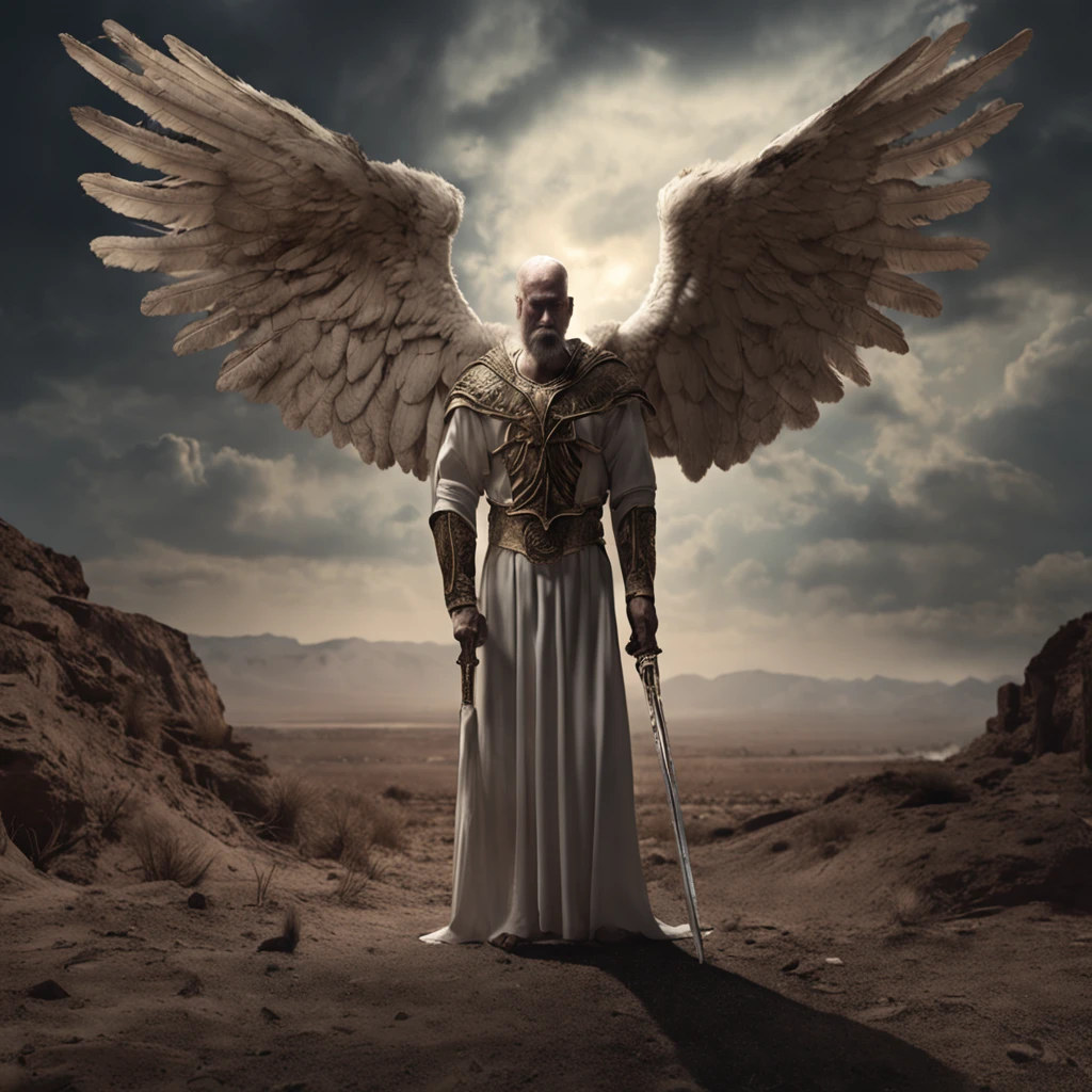 an image of a man with a sword standing in a desert, Anjo no inferno, arcanjo, angels vs demons, angel watching demon, angels and demons, anjo protegendo o homem, Arcanjo Miguel, O Anjo da Morte, Battle between angels and demons, anjo super largo, epic angel wings, angels protecting a praying man, necessidade humana anjo da morte