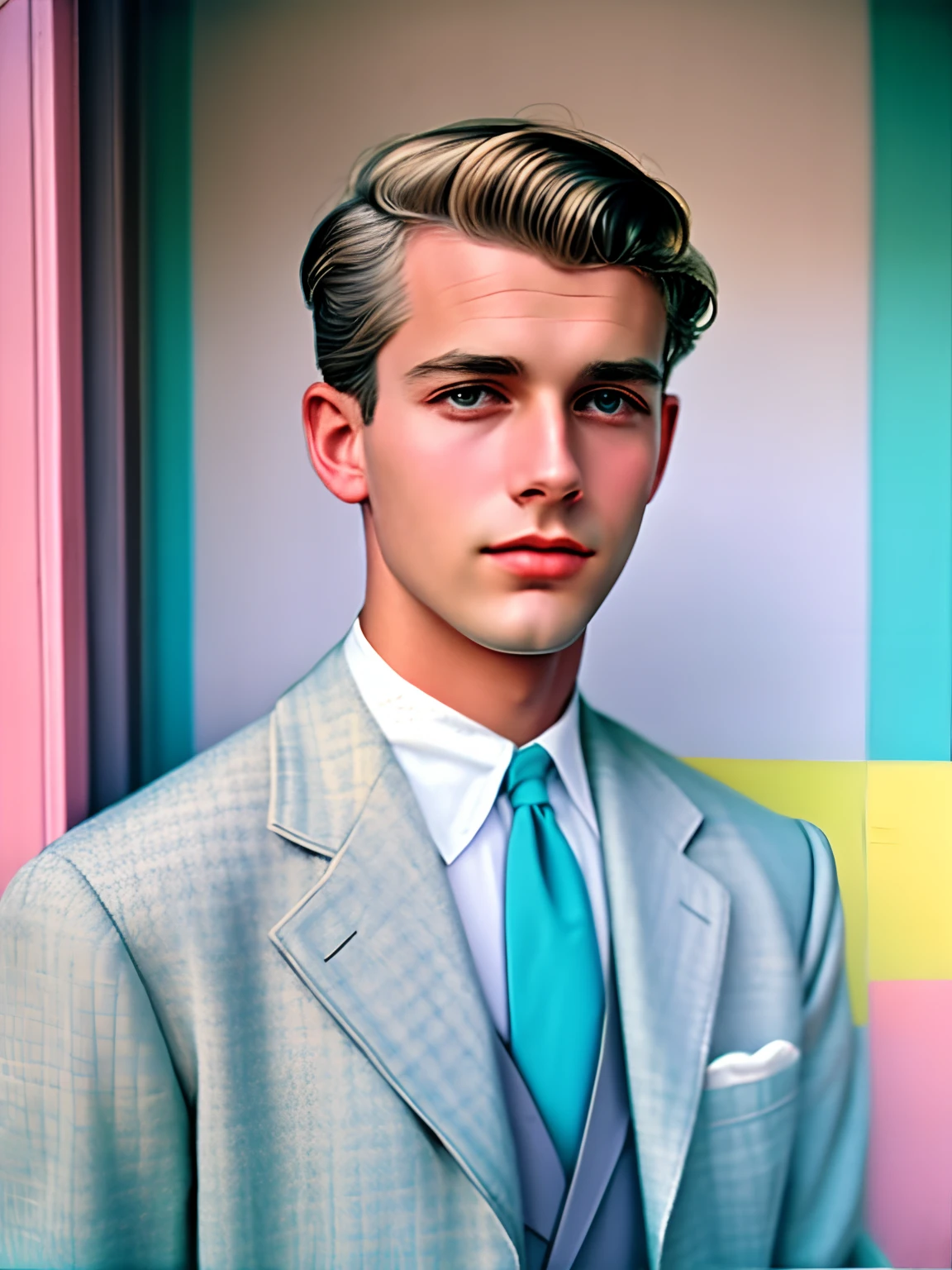 Portrait of a man, Wearing a pastel suit, The photo was taken with an analog camera in the 1950s. Person wearing traditional 50s style clothes々, Who has a traditional 50s haircut々, Photo by William Eggleston, Appearance of the 50s, Highly detailed, slightly faded pastel colors, Slightly blurred, Slightly grainy, film photography