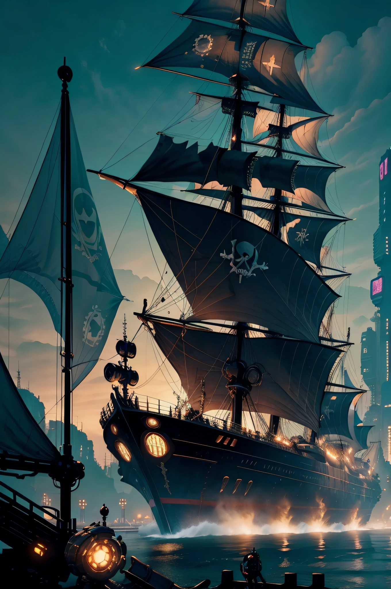 cyberpunk Pirate ship, huge skull flag flying in the wind sits at port in futuristic cityscape