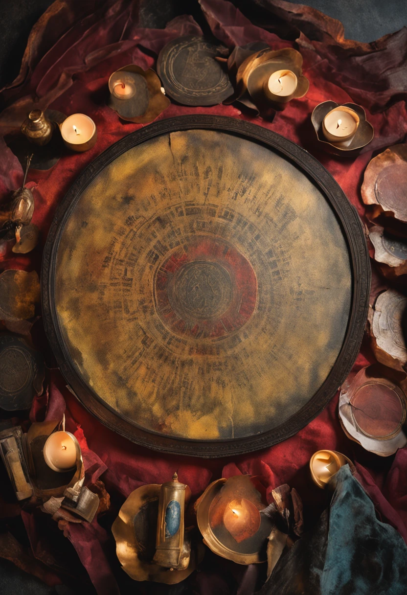 An elderly black-robed magician raised his hands, A circle of magic books was scattered on the ground, Magic books and candles are placed around, Seven mirrors at different angles directly above, Gloomy picture, visions, Depth of field, god light, filmgrain, Optical illusion, Vignetting, Renaissance, Pre-Raphaelite Brotherhood, High details，Back Shadow