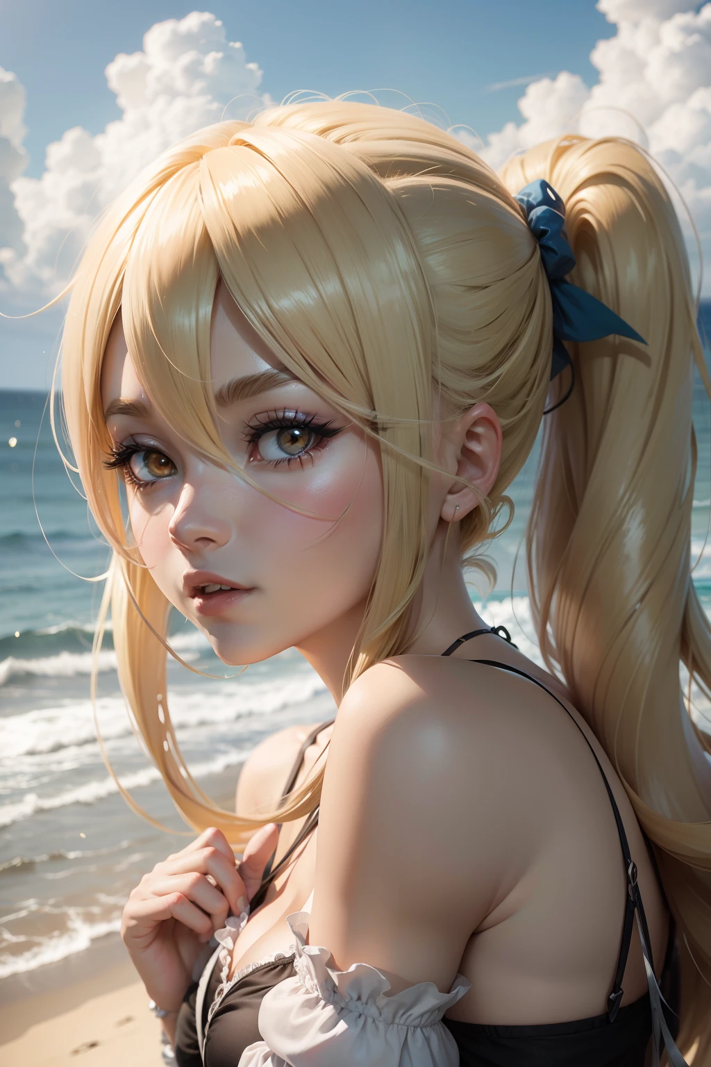 (masterpiece, best quality) beautiful woman, long blonde hair, itsy bitsy ie weenie yellow polka dot bikini, becoming a demon, on the beach, vibrant colors