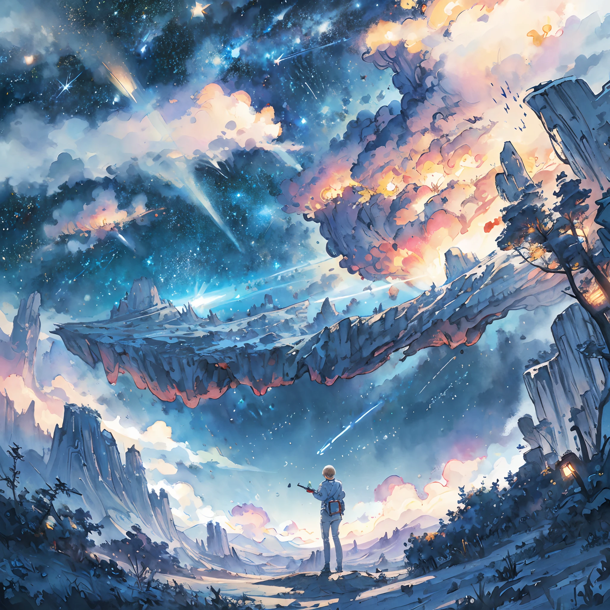 best quality, masterpiece, extremely detailed, detailed background, sci-fi, outdoors, space, spaceship, lasers ,landscape, scenery, panorama, science fiction, solo focus, close up, depth of field, bokeh, atmospheric lighting, hi-tech, colorful stars