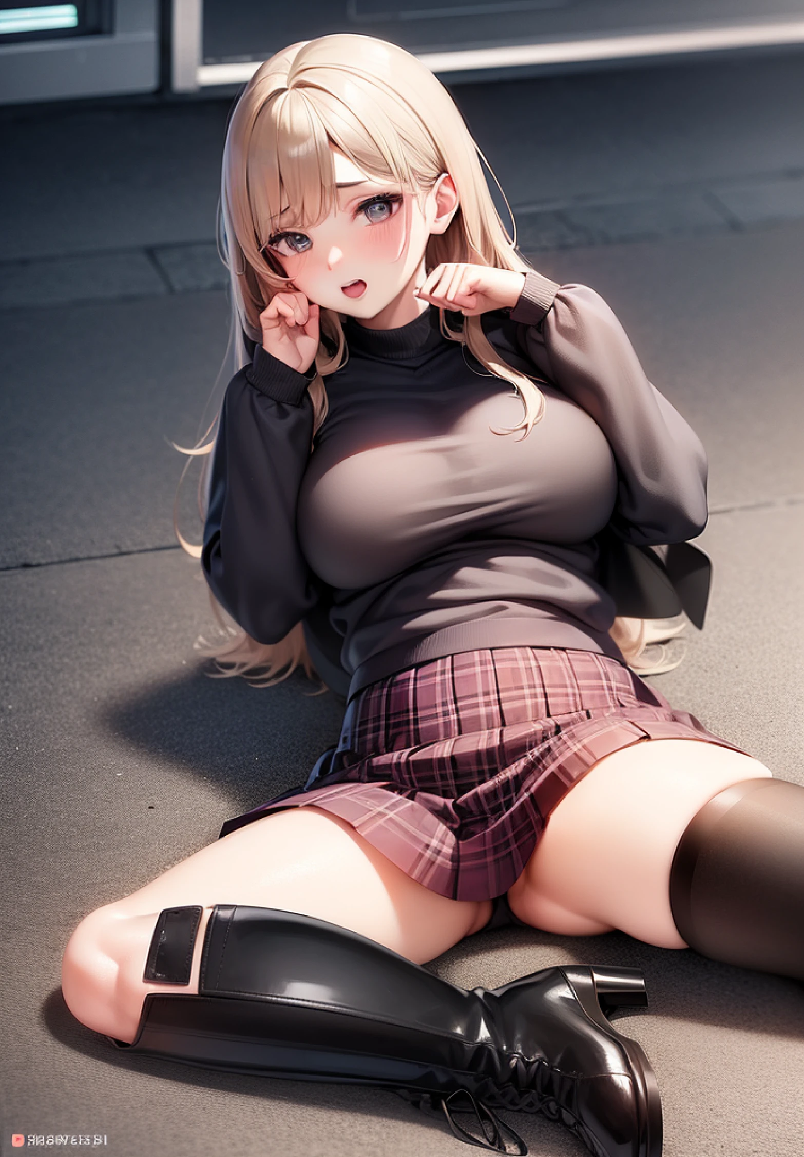 Woman in skirt and boots lying on the ground, a hyperrealistic schoolgirl, Ecchi, oppai, a hyperrealistic schoolgirl, anime cover, Realistic Schoolgirl, the anime girl is crouching, fantrome, Ecchi style, japanese shoujo manga, Ecchi anime style, shoujo manga, Manga cover, Manga cover