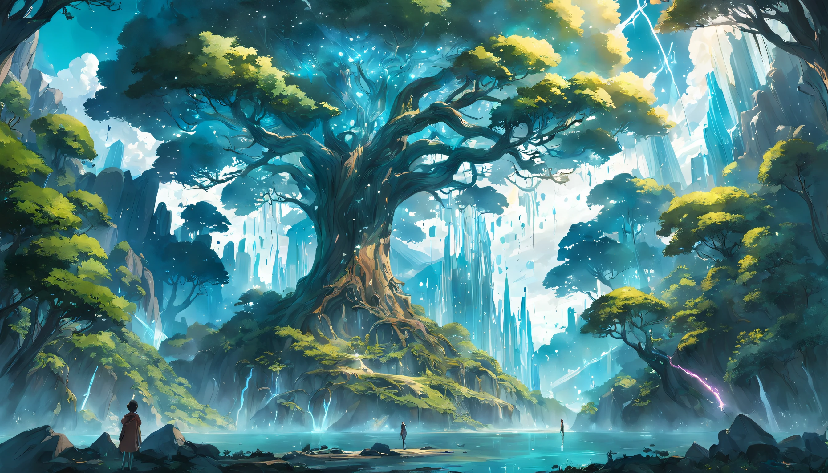 Um surrealista、Sobrenatural、Super sky scene illustration,A huge crystal tree、Very detailed and magical lighting、detalhes intrincados da floresta、Surrounding vegetation and rivers、punk solar、scenecy、giant tree、Folhas verdes bonitas、Beautiful lighting and realistic proportions,Como se fosse um pano de fundo de filme,8k,HighestQuali,tmasterpiece,Clouds and stars in the sky。