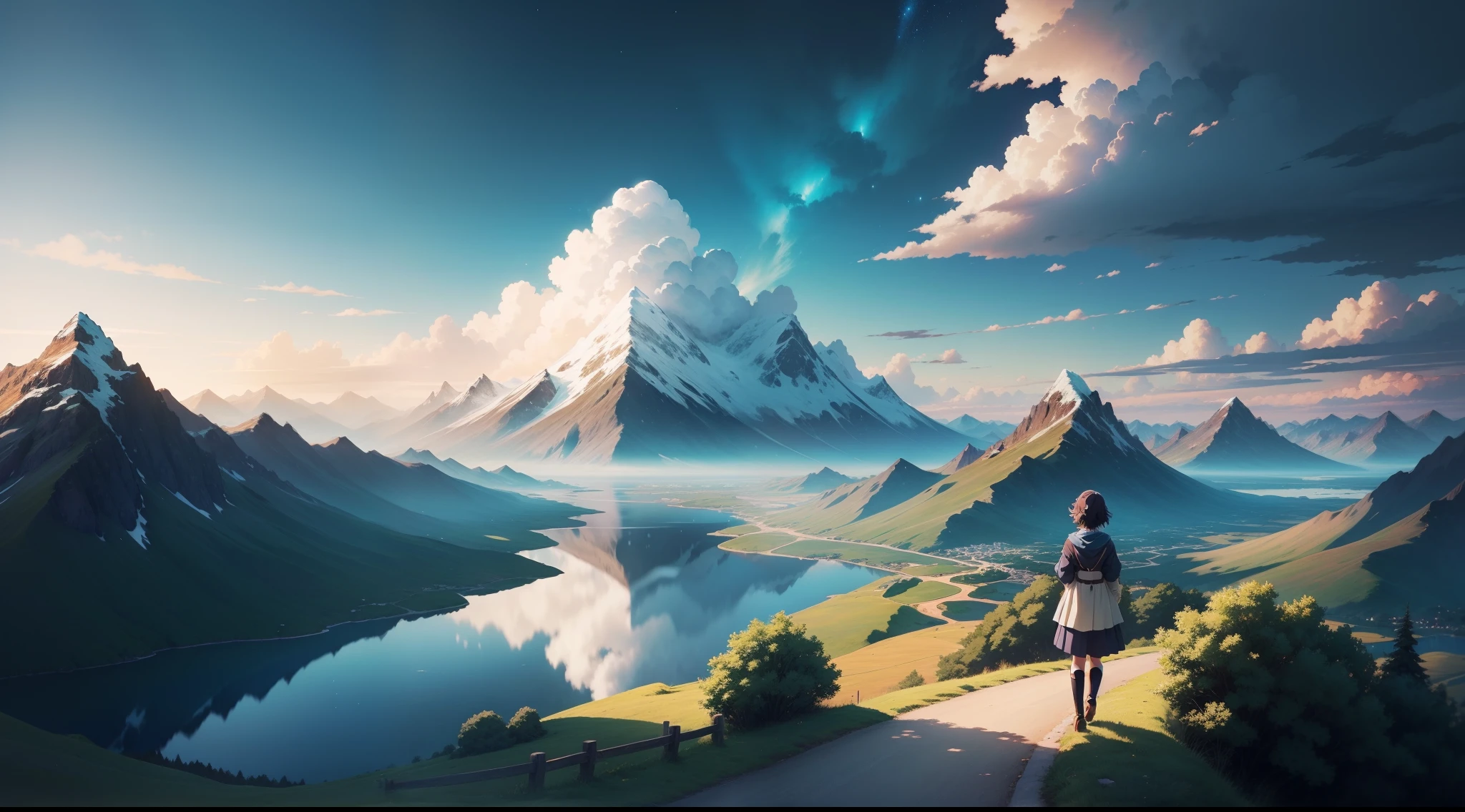 Anime landscape of lakes and mountains with sky background,beautifull puffy clouds。There was a girl standing,anime big breast,detailed scenic view,Anime landscapes,ross tran。scenery background,anime countryside landscape,Anime Cloud,beautiful anime scenery,anime landscape wallpapers,Estilo de Makoto Shinkai,Anime Nature,Cosmos Sky。author:Shinkai sincerely、Anime landscapes