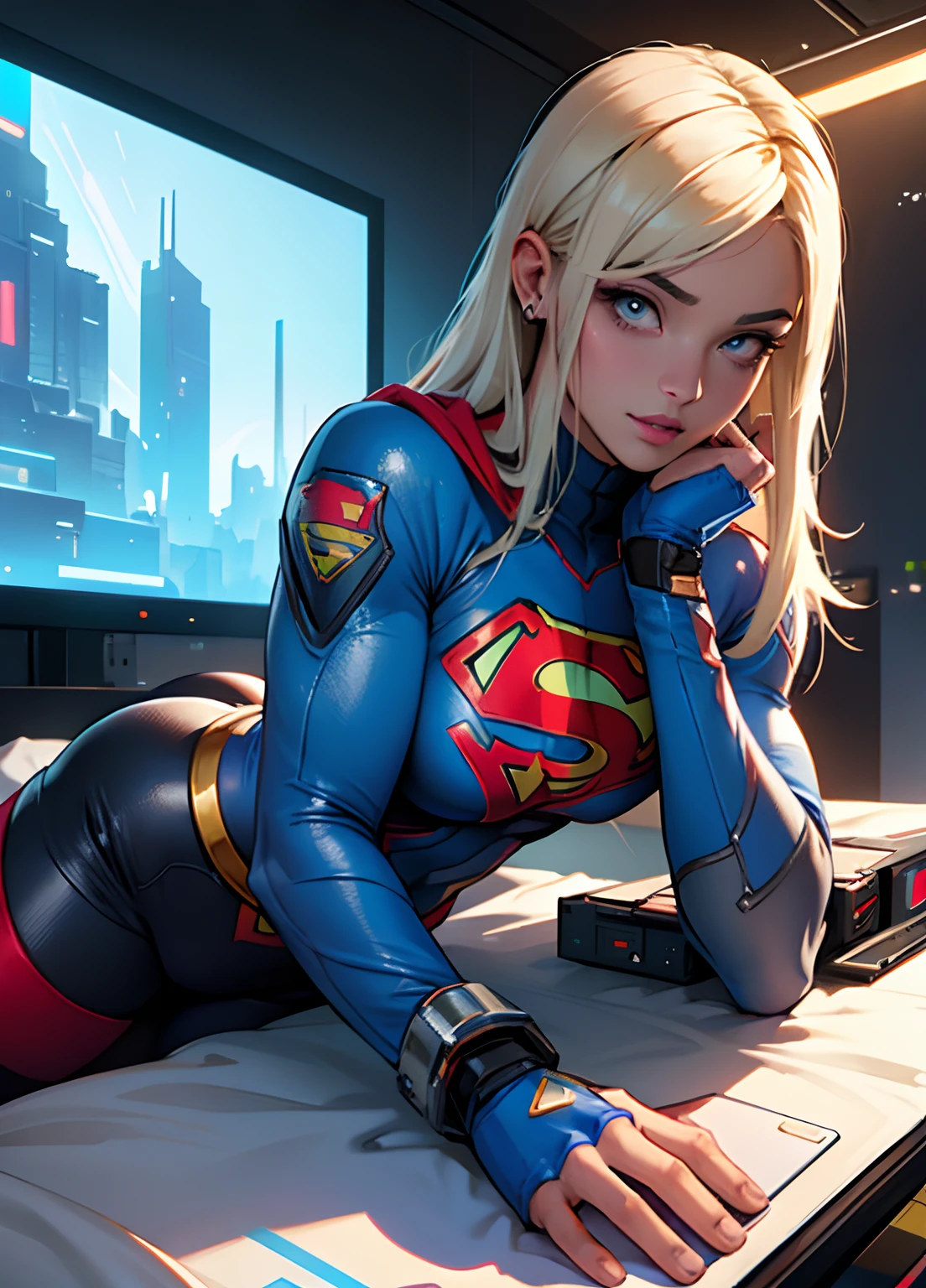 Supergirl pele molhada, (pele branca), pale skinned, juicy lips, (cabelo totalmente loiro encaracolado), Grandes olhos azuis, peito inchado, juicy lips, abdominais, estilo futurista cyberpunk branco. corpo perfeito, hand perfect, perfect feet.  (Loira cyberpunk), cordas cyberpunk brancas, (golden breastplates), meias transparentes brancas cyberpunk. Ela deitada em uma cama futurista em StarCraft cyberpunk futurista preto e branco. Ler um tablet, toca o cabelo, visible whole body, Supergirl Cyberpunk Superheroine Costume.  com letra S do superman ao fundo. , mulher loira,  sem nenhum defeito.