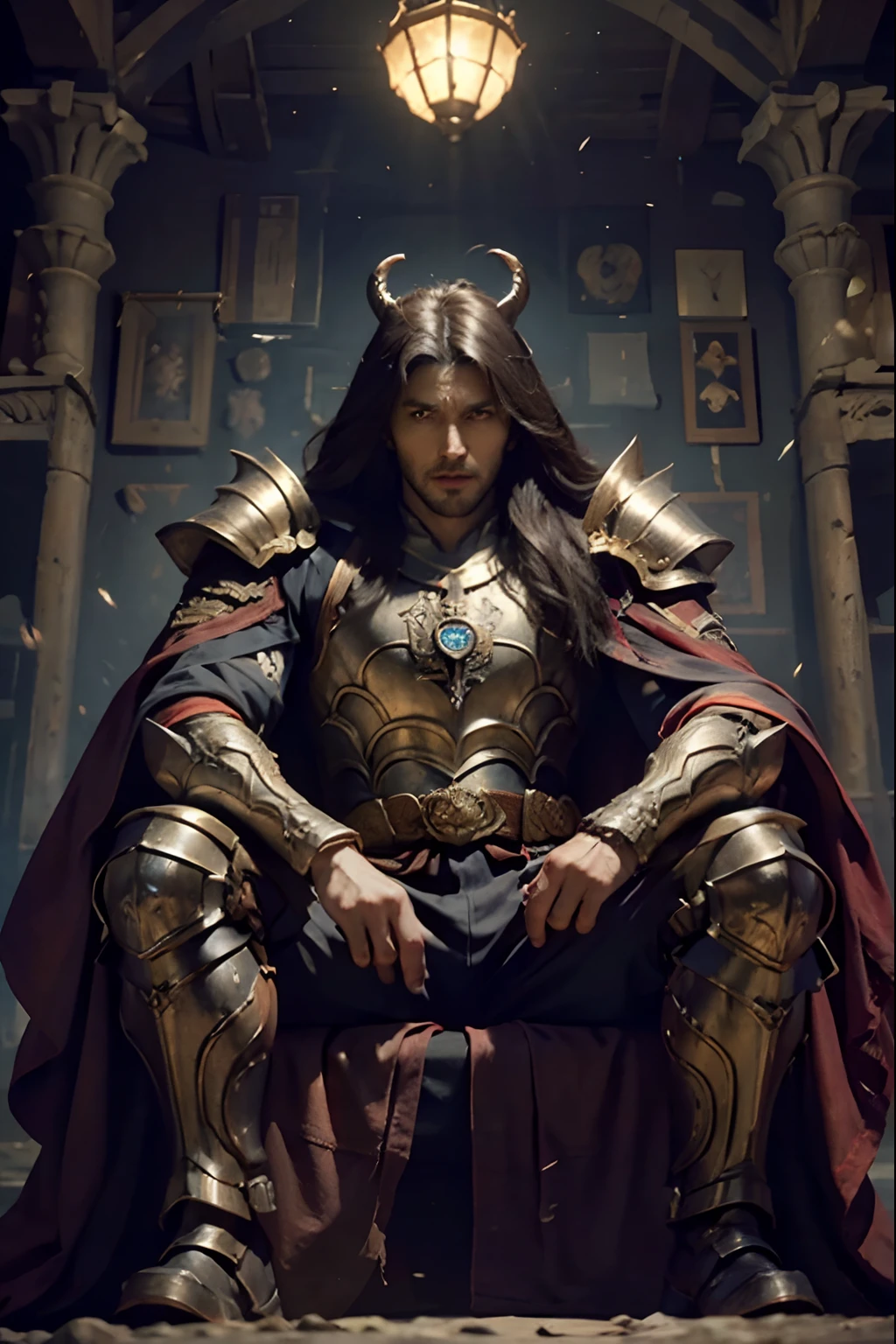 Castlevania Lord of the Shadows hyper realistic super detailed beautiful muscular Moroccan armor super realistic super detailed Armor glowing eyes sitting in his great Legendary throne