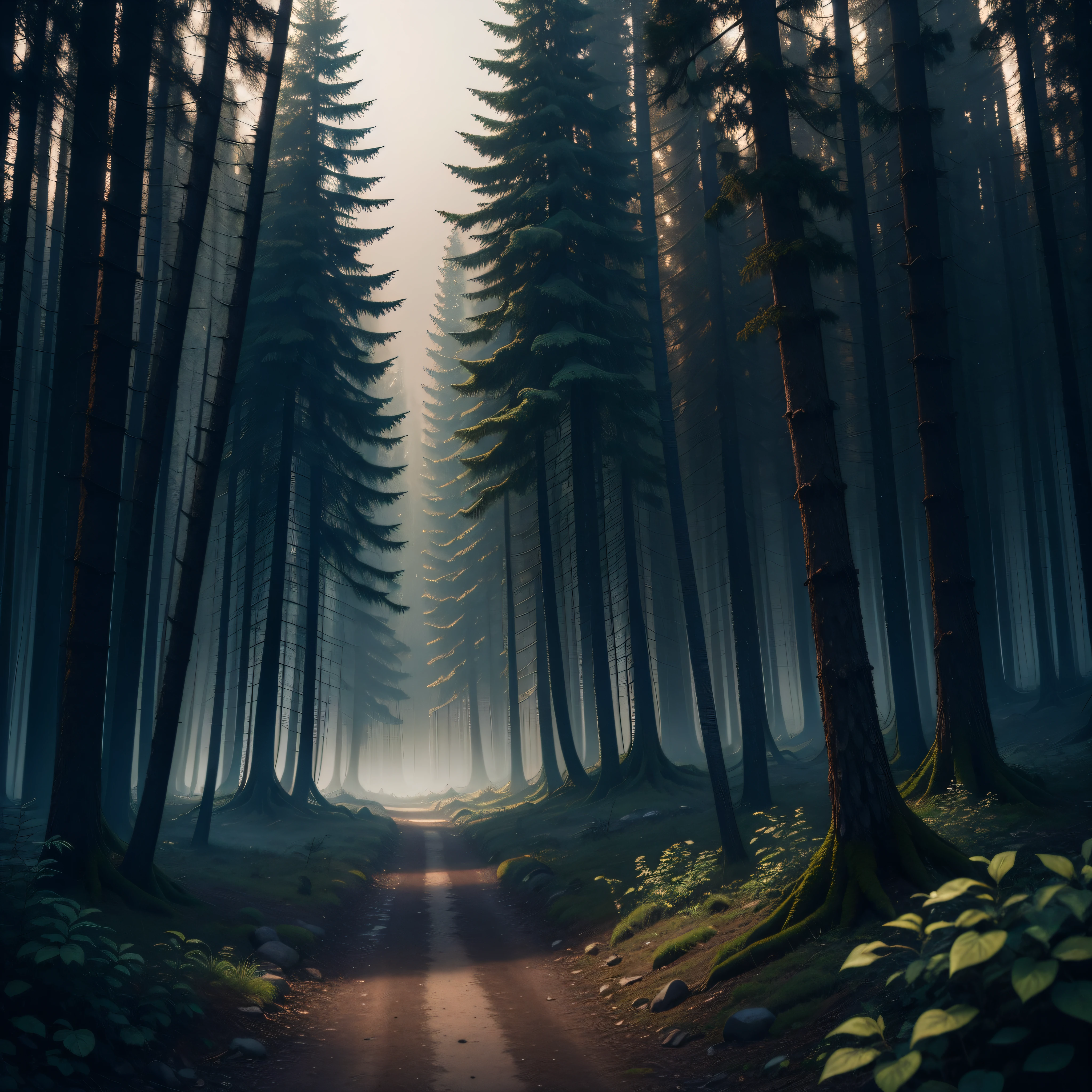 Create a full HD resolution landscape of a dark forest.