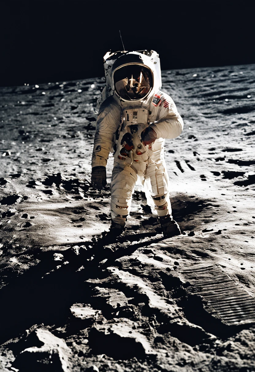 Fotografias dos astronautas Neil Armstrong e Buzz Aldrin caminhando na Lua, em 1969. These images are emblematic of the first trip to the Moon and can be used to illustrate the beginning of the space race