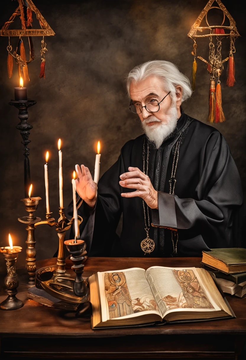 An elderly black-robed magician raised his hands, A circle of magic books was scattered on the ground, Magic books and candles are placed around, Seven mirrors at different angles directly above, Gloomy picture, Vista Depth of field, god light, filmgrain, Optical illusion, Vignetting, Renaissance, Pre-Raphaelite Brotherhood, High details,Blur the back