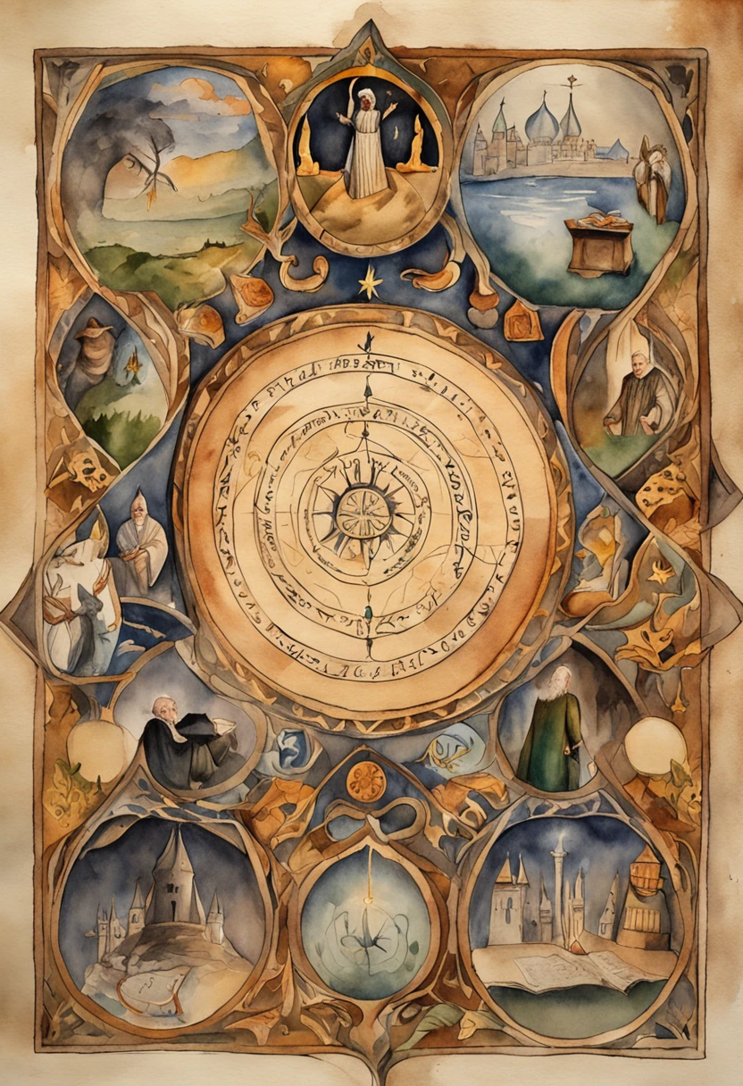 An elderly black-robed magician raised his hands, A circle of magic books was scattered on the ground, Magic books and candles are placed around, Seven mirrors at different angles directly above, Gloomy picture, Vista Depth of field, god light, filmgrain, Optical illusion, Vignetting, Renaissance, Pre-Raphaelite Brotherhood, High details,Blur the back