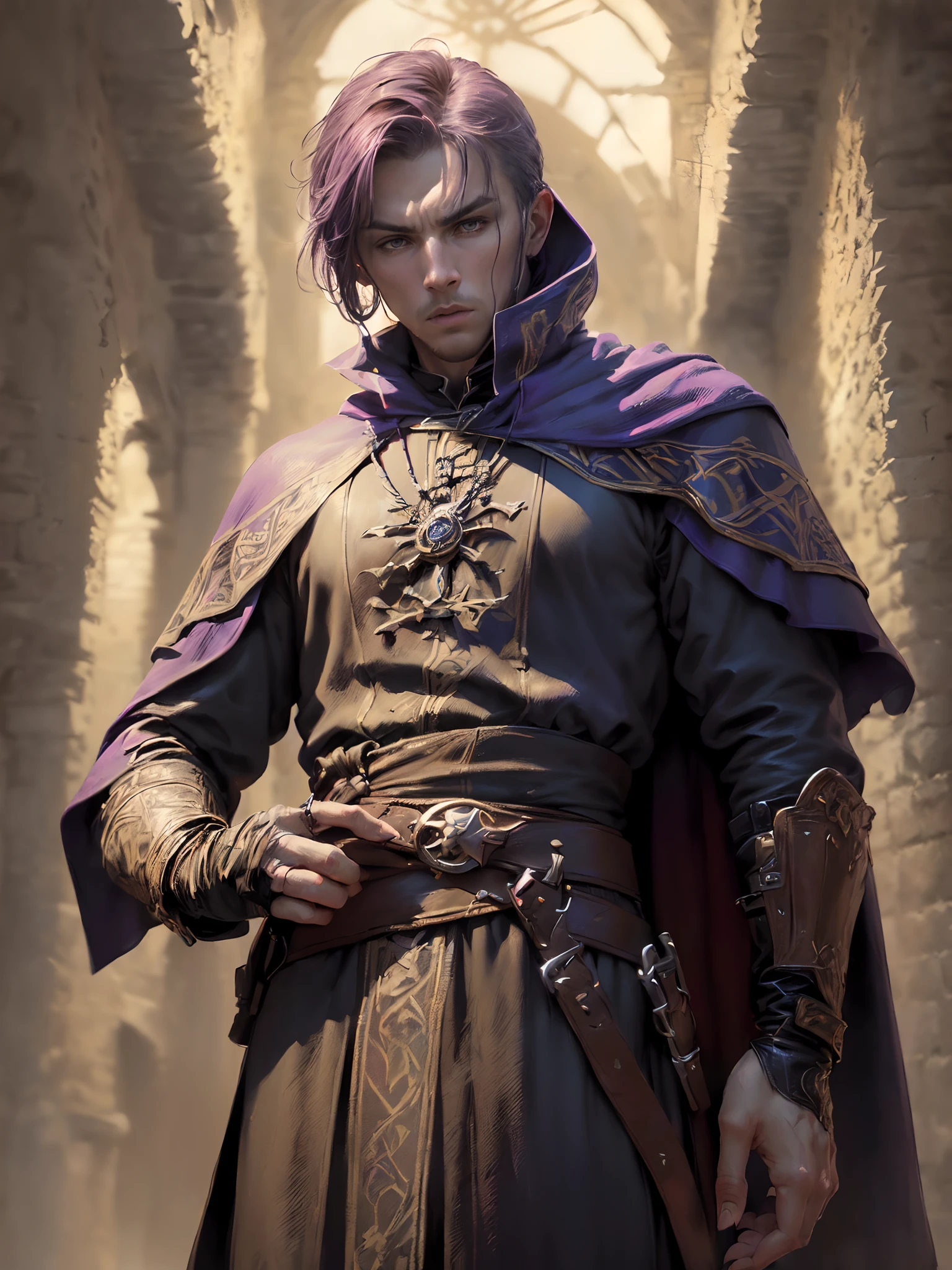 1 Young Man, (((solo))), (he has white skin, blue eyes, straight black hair with fringe up to his shoulders, lean body, youthful face, wine-stained lips: 1.15), (he wears medieval noble clothes, black and purple in color, with a transverse leather strap, carries a silver scimitar in his hand and a mug with wine in another hand),  His leather boots are dirty and he fights inside a grove with his sword