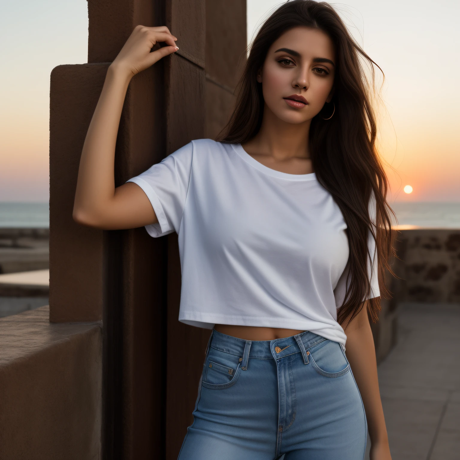 Portrait, photorealistic portrait, full-length, beautiful young woman, mediterranean features, dressed in an oversized white T shirt and oversized jeans, against a crimson sunset, dramatic sky. Correct anatomy, athletic build, very long dark hair, brown eyes. Professional lighting, high detail, 4K,