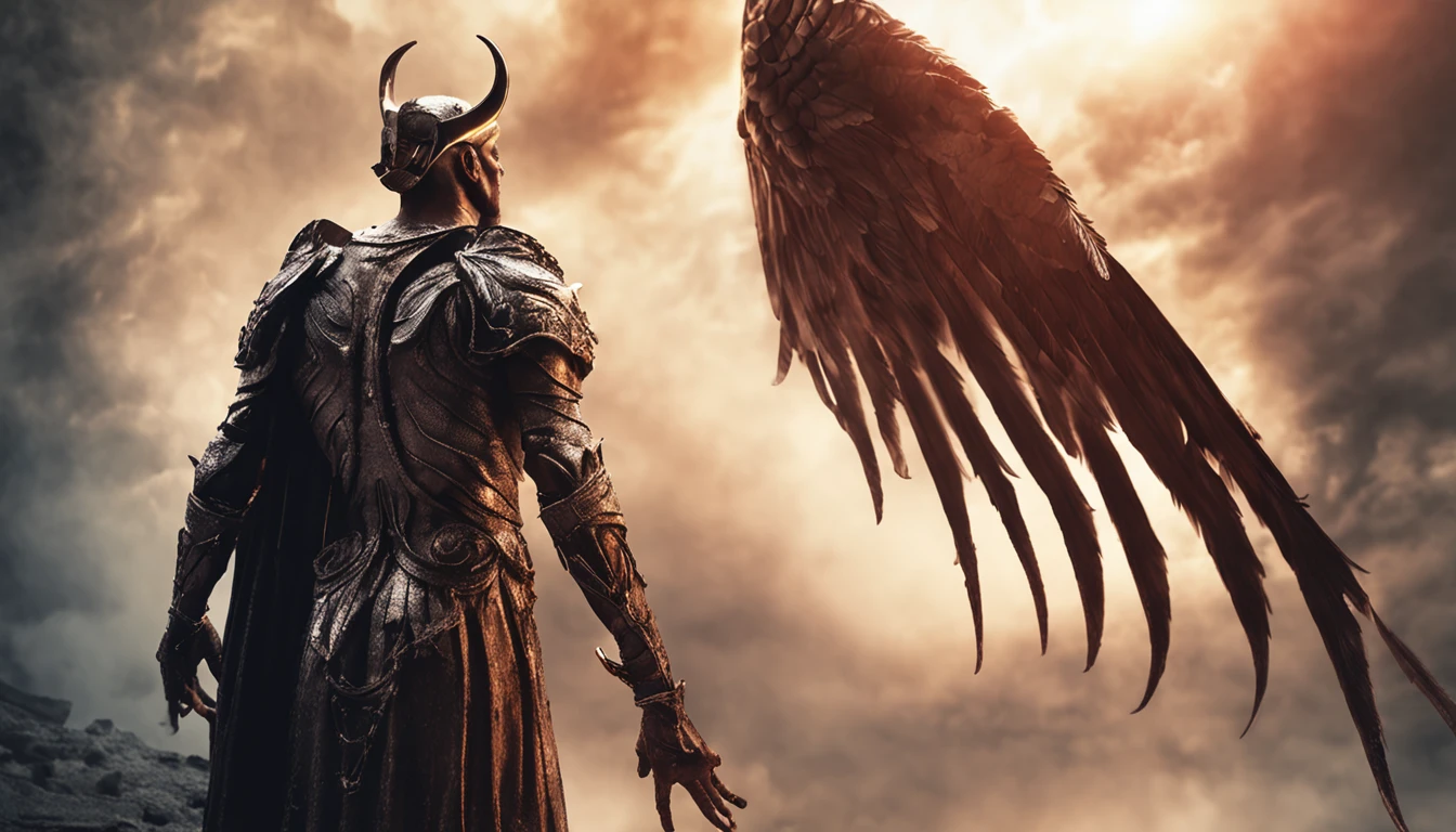 an image of an angel with a sword standing in hell, Anjo no inferno, arcanjo, angels vs demons, angel watching demon, angels and demons, anjo protegendo o homem, Arcanjo Miguel, O Anjo da Morte, Battle between angels and demons, anjo super largo, epic angel wings, angels protecting a praying man, necessidade humana anjo da morte. ((imagem epica)), ((alta qualidade))