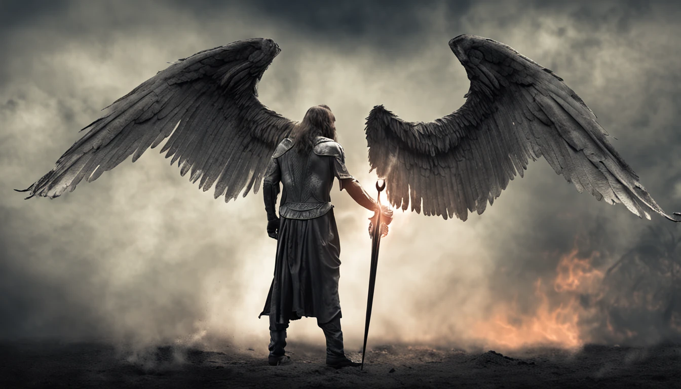an image of an angel with a sword standing in hell, Anjo no inferno, arcanjo, angels vs demons, angel watching demon, angels and demons, anjo protegendo o homem, Arcanjo Miguel, O Anjo da Morte, Battle between angels and demons, anjo super largo, epic angel wings, angels protecting a praying man, necessidade humana anjo da morte. ((imagem epica)), ((alta qualidade))