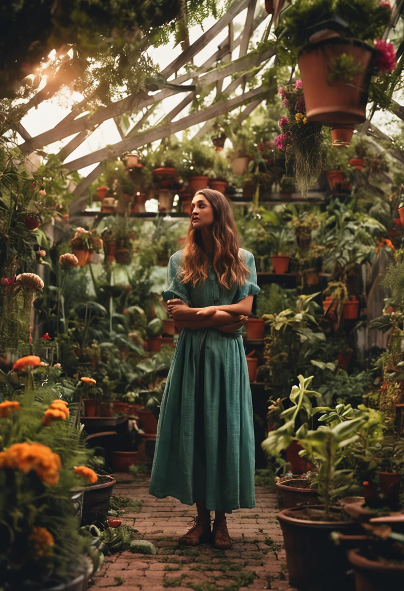 a girl in the middle of a garden with lots of plants