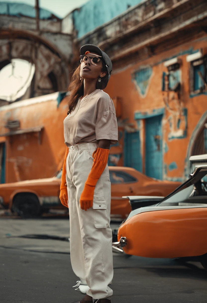 a uma mulher morena, bonita, orange shirt and cap with white K symbol, the white K symbol is the logo of the company where she works, do it in several different positions, with delivery truck behind her