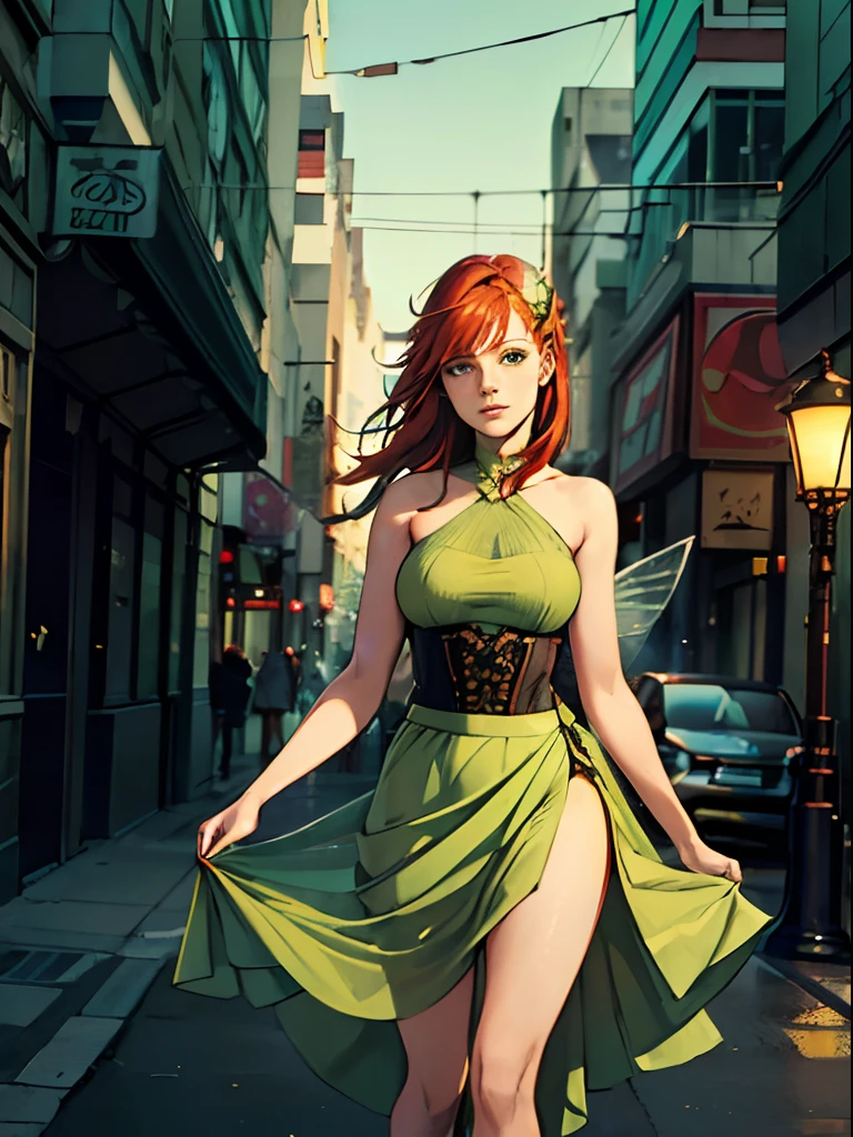 ((Best Quality)), ((Masterpiece)), ((Realistic)) 19 year old, redhead girl, shoulder length hair, relaxed happy face ((slender)) (busty), ((( light green fairy dress ))) (((tight skirt))) ((sexy )) cyberpunk attire, textured pixie haircut , 6 and a half heads full bodyt. beatiful face, handsome body.