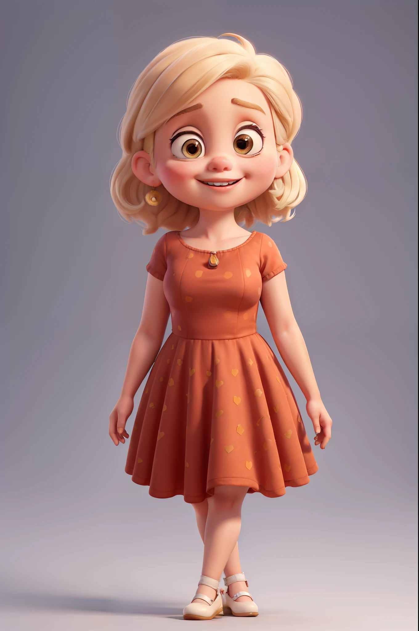 Cartoon Caricature, Adorable, Fat little girl ,Big Eyes Girl, Smileing,whitebackground, Her hands are in graceful ballet mode, Wear a red dress, small ears;;;, Full body, intense colors, Very valuable details, complex details, volumetric lighting, digital art, 8k, trending on Artstation, Clear focus, complex details, highly detail, Greg Rutkowski Big Eyes, high-resolution, blonde hair