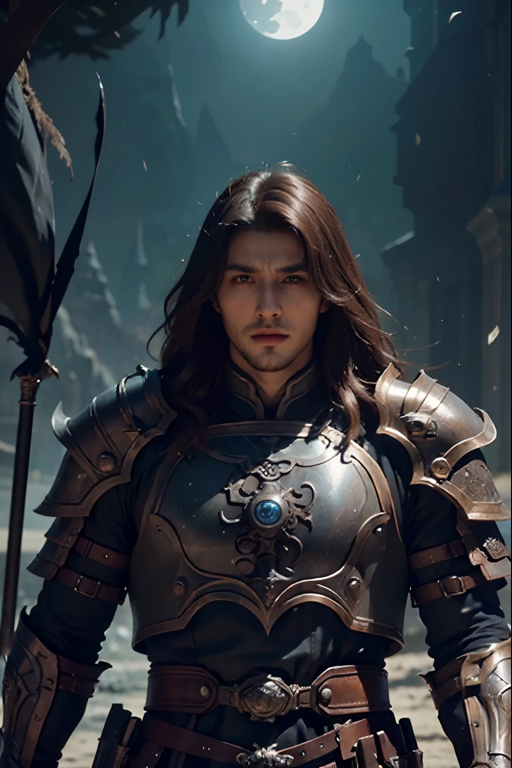 Castlevania Lord of the shadows hyper realistic super detailed beautiful muscular Moroccan armor super realistic super detailed Armor glowing eyes in battle field leading army