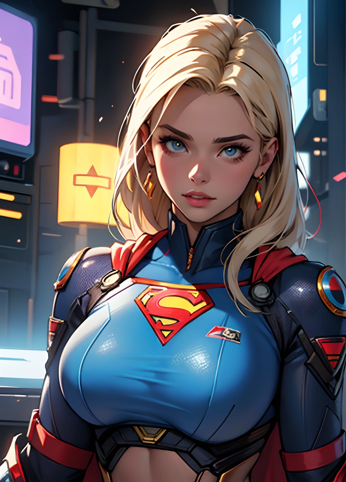 Supergirl wet skin, (Caucasian skin), pale skinned, juicy lips, (totally blonde curly hair), large blue eyes, puffy breast, juicy lips, sit-ups, white cyberpunk futuristic style. perfectbody, hand perfect, perfect feet. (Loira cyberpunk), white cyberpunk strings, (golden breastplates), cyberpunk white transparent socks. She lying on a futuristic bed on futuristic cyberpunk Black and white StarCraft. Reading a tablet, touches hair, visible whole body, Supergirl Cyberpunk Superheroine Costume. with Superman letter S in the background. , blonder woman, without any defects.