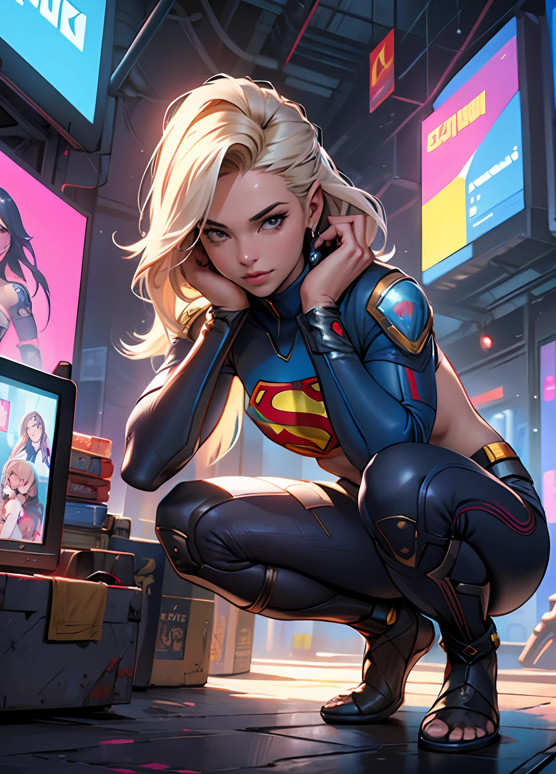 Supergirl pele molhada, (pele branca), pale skinned, juicy lips, (cabelo totalmente loiro encaracolado), Grandes olhos azuis, peito inchado, juicy lips, abdominais, estilo futurista cyberpunk branco. corpo perfeito, hand perfect, perfect feet. (Loira cyberpunk), cordas cyberpunk brancas, (golden breastplates), meias transparentes brancas cyberpunk. Ela deitada em uma cama futurista em StarCraft cyberpunk futurista preto e branco. Ler um tablet, toca o cabelo, visible whole body, Supergirl Cyberpunk Superheroine Costume. com letra S do superman ao fundo. , mulher loira, sem nenhum defeito.