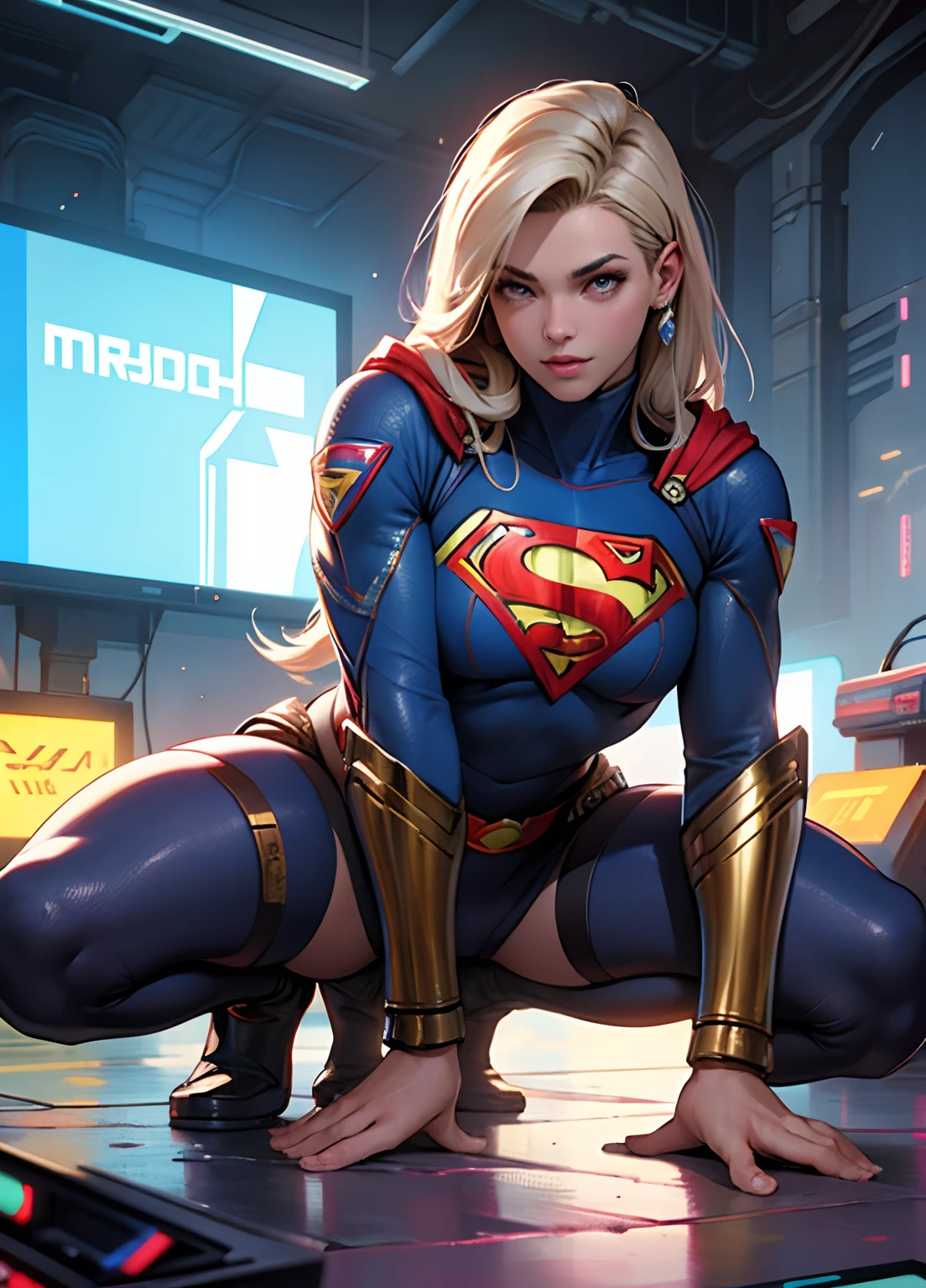 Supergirl pele molhada, (pele branca), pale skinned, juicy lips, (cabelo totalmente loiro encaracolado), Grandes olhos azuis, peito inchado, juicy lips, abdominais, estilo futurista cyberpunk branco. corpo perfeito, hand perfect, perfect feet. (Loira cyberpunk), cordas cyberpunk brancas, (golden breastplates), meias transparentes brancas cyberpunk. Ela deitada em uma cama futurista em StarCraft cyberpunk futurista preto e branco. Ler um tablet, toca o cabelo, visible whole body, Supergirl Cyberpunk Superheroine Costume. com letra S do superman ao fundo. , mulher loira, sem nenhum defeito.