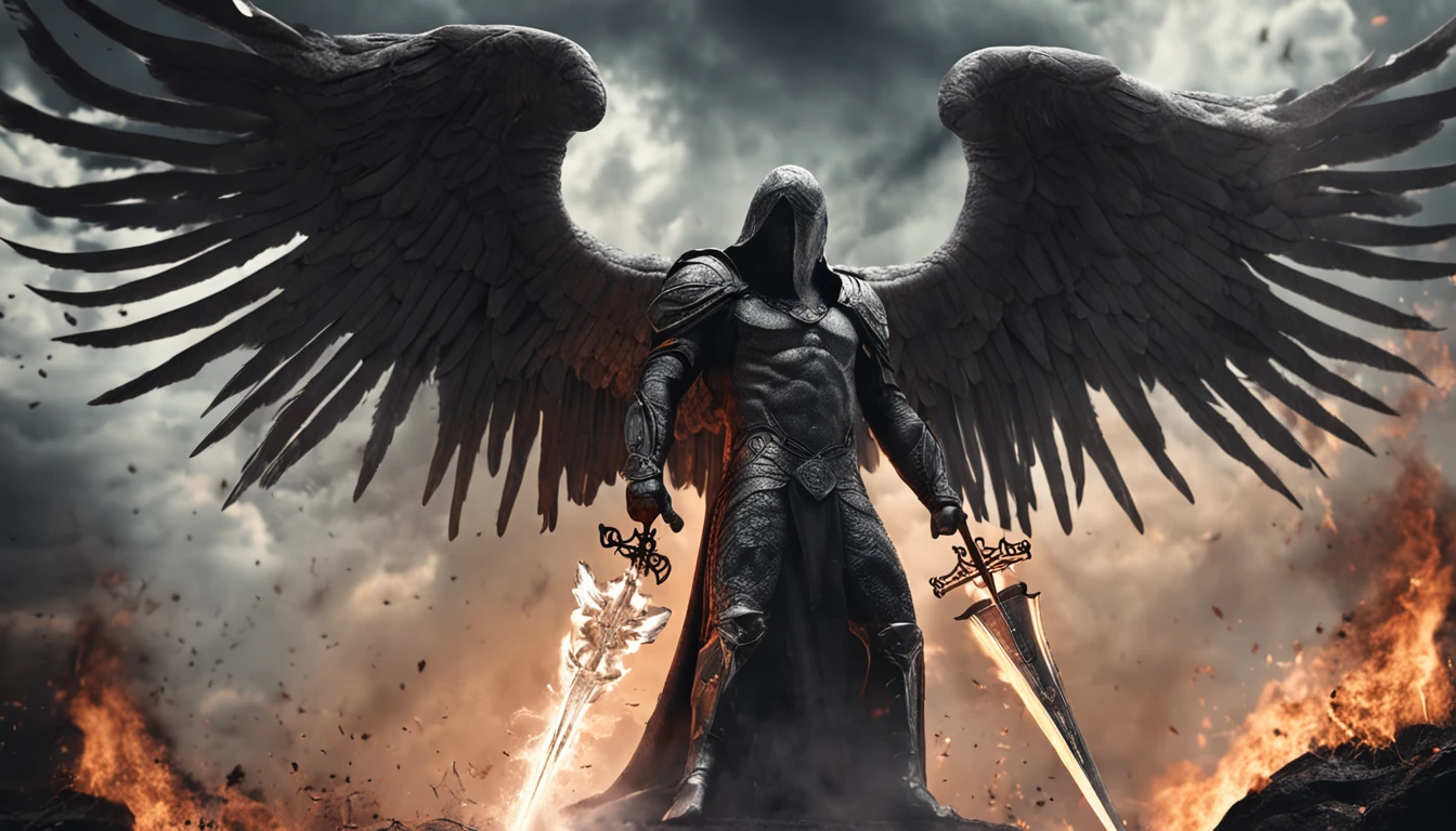 an image of an angel with a sword standing in hell, Anjo no inferno, arcanjo, angels vs demons, angel watching demon, angels and demons, anjo protegendo o homem, Arcanjo Miguel, O Anjo da Morte, Battle between angels and demons, anjo super largo, epic angel wings, angels protecting a praying man, necessidade humana anjo da morte. ((imagem epica)), ((alta qualidade))