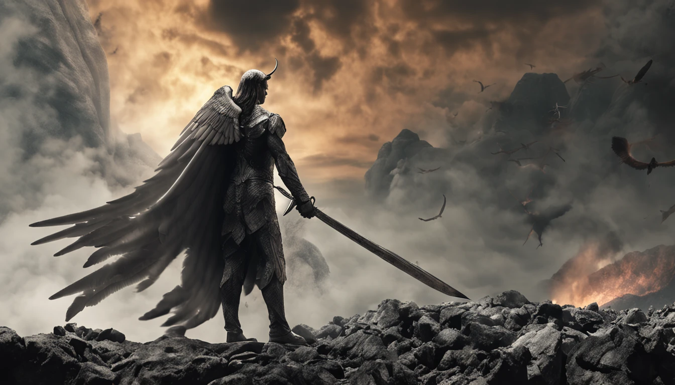 an image of an angel with a sword standing in hell, Anjo no inferno, arcanjo, angels vs demons, angel watching demon, angels and demons, anjo protegendo o homem, Arcanjo Miguel, O Anjo da Morte, Battle between angels and demons, anjo super largo, epic angel wings, angels protecting a praying man, necessidade humana anjo da morte. ((imagem epica)), ((alta qualidade))