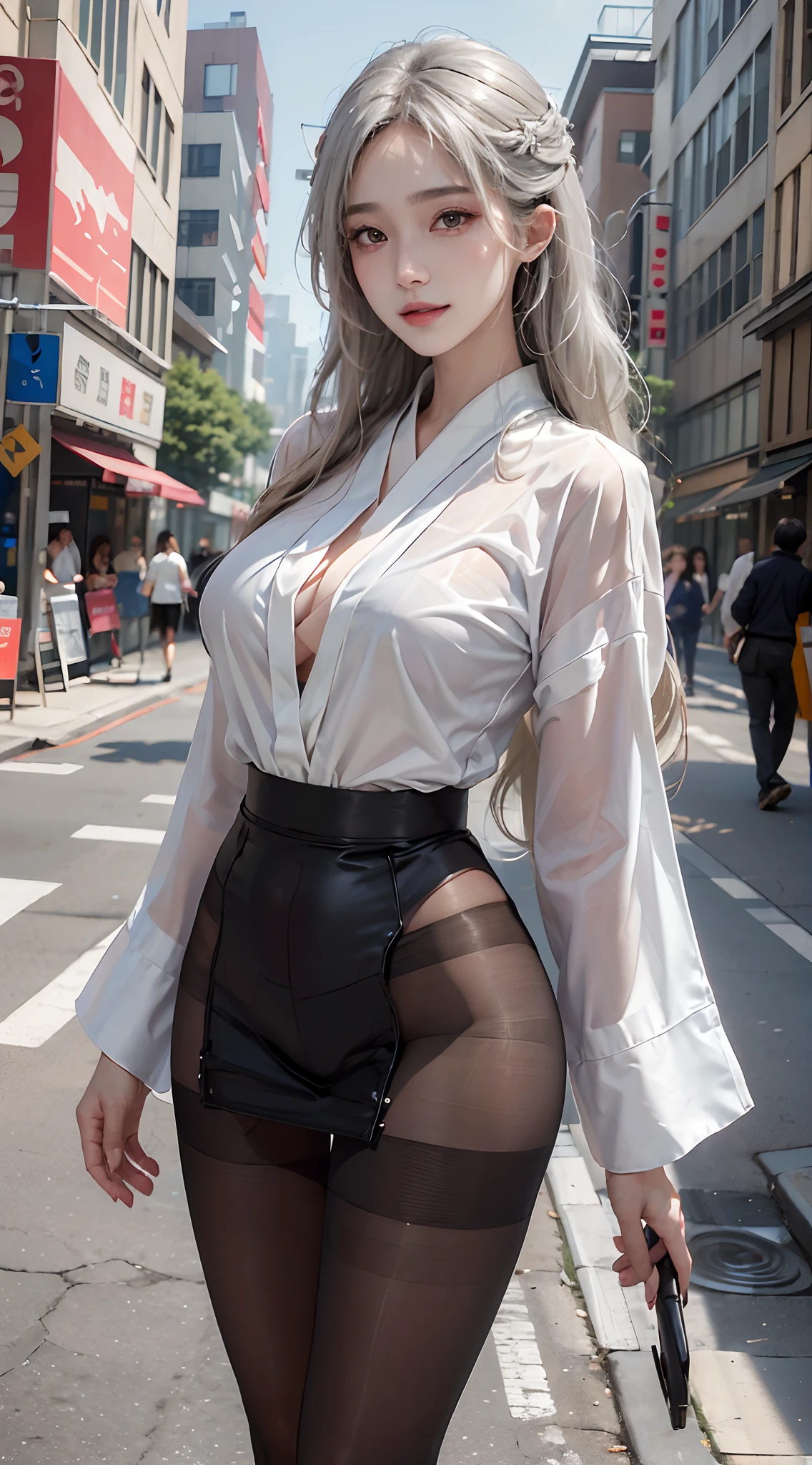 (Best Quality, 8K, Masterpiece, Ultra HD: 1.3), (K-Pop Idol: 1.4), 1 Pretty Girl, (Big Breasts: 1.2), (Long Hair), Abs, Perfect Figure, Ultra Fine Face, Delicate Lips, Beautiful, dewy skin, sweaty skin, wavy blonde hair, silver light hair , super fine hand, fine finger , kimono (transperent), ((detailed pantyhose)), opened shirt show , naked, ((naked)), detailed , on the street, building, building, punk girl, transparent, smiling , Long legs, detailed legs, fine legs