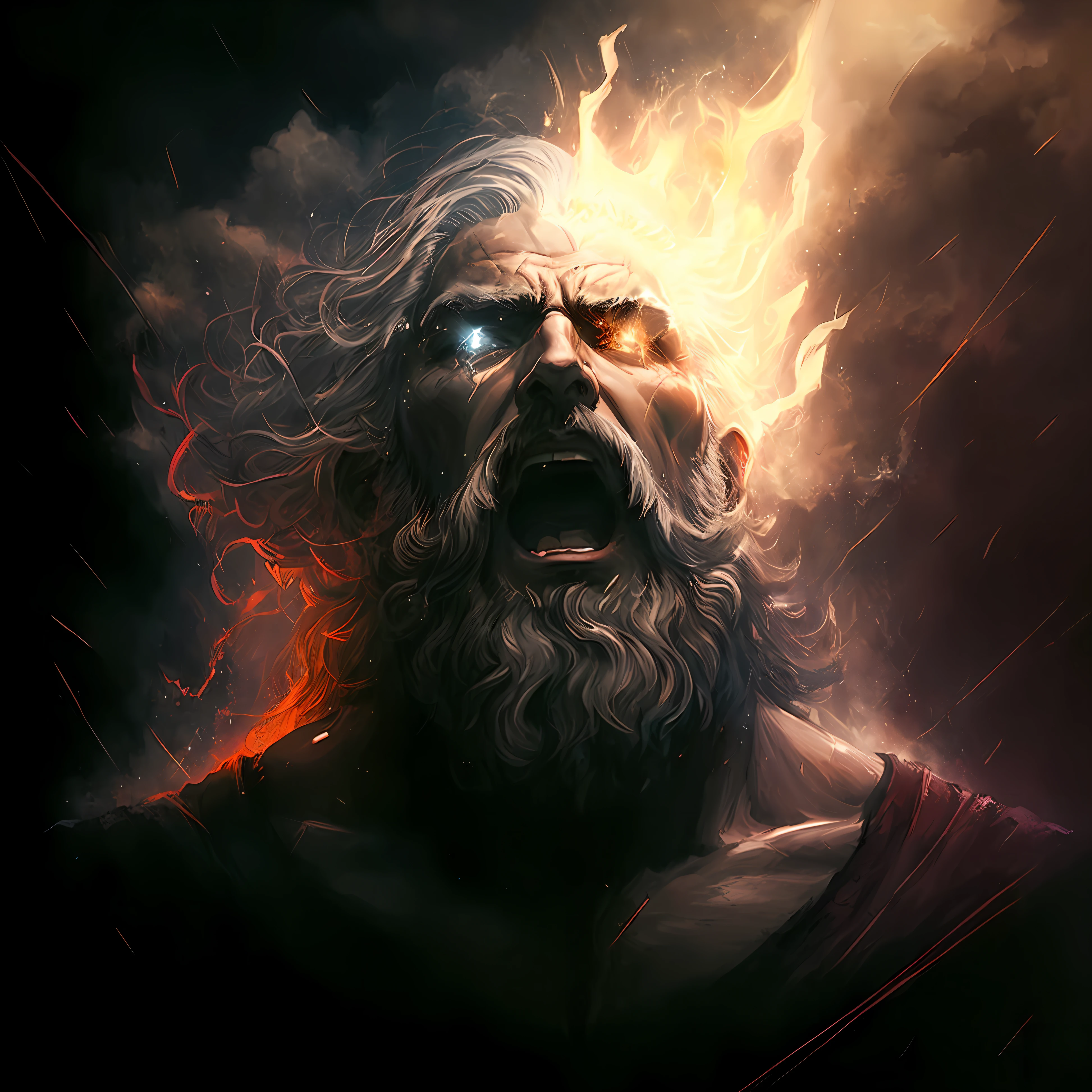 arafed image of a man with a beard and a beardless face, furious god zeus, epic scene of zeus, the god zeus, the god hades, portrait zeus, greek myth digital painting, painted portrait of rugged zeus, portrait of zeus, dramatic artwork, epic portrait illustration, ancient god, epic digital art illustration, by Aleksi Briclot