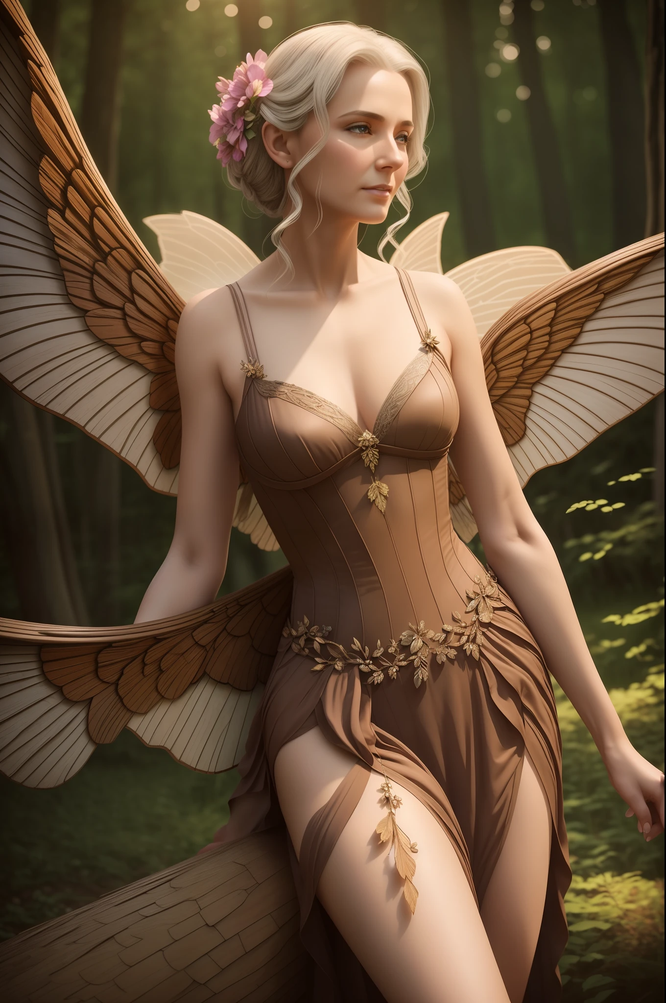 beautiful wood older woman, full body, fairy with wings, beautiful female body, stunning adult woman, film photography, analog photography, film grain, extreme detail, 4k, ultra hd, hyperrealism, trending on artstation, polished, radiant, vibrant, photorealistic, backlight, hair light, 8k ultra hd, unreal engine 5