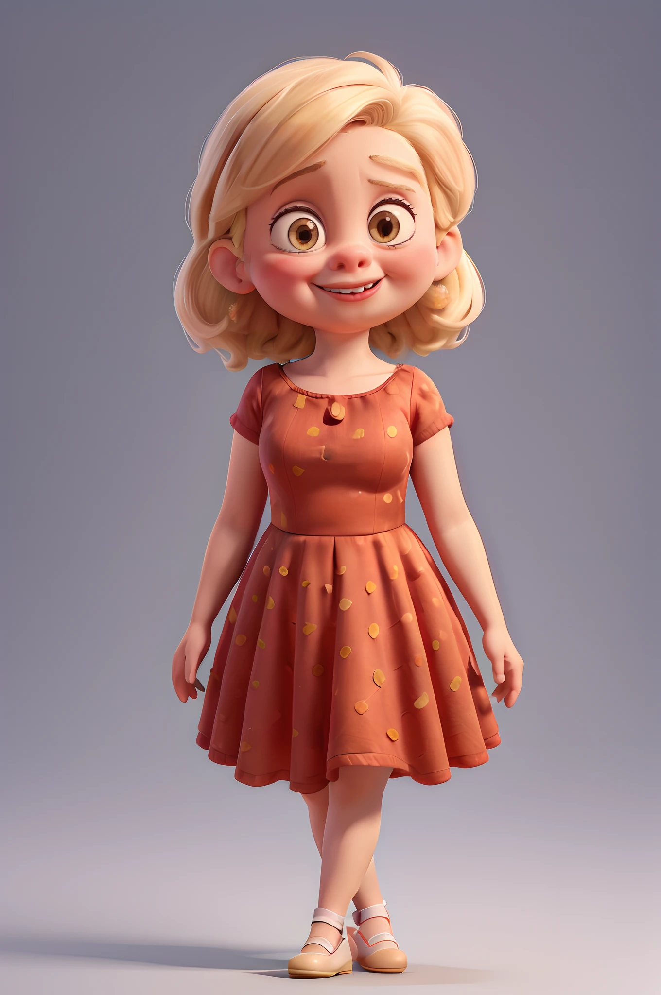 Cartoon Caricature, Adorable, Fat girl ,Big Eyes Girl, Smileing,whitebackground, Her hands are in graceful ballet mode, Wear a red dress, small ears;;;;, Full body, intense colors, Very valuable details, complex details, volumetric lighting, digital art, 8k, trending on Artstation, Clear focus, complex details, highly detail, Greg Rutkowski Big Eyes, high-resolution, blonde hair
